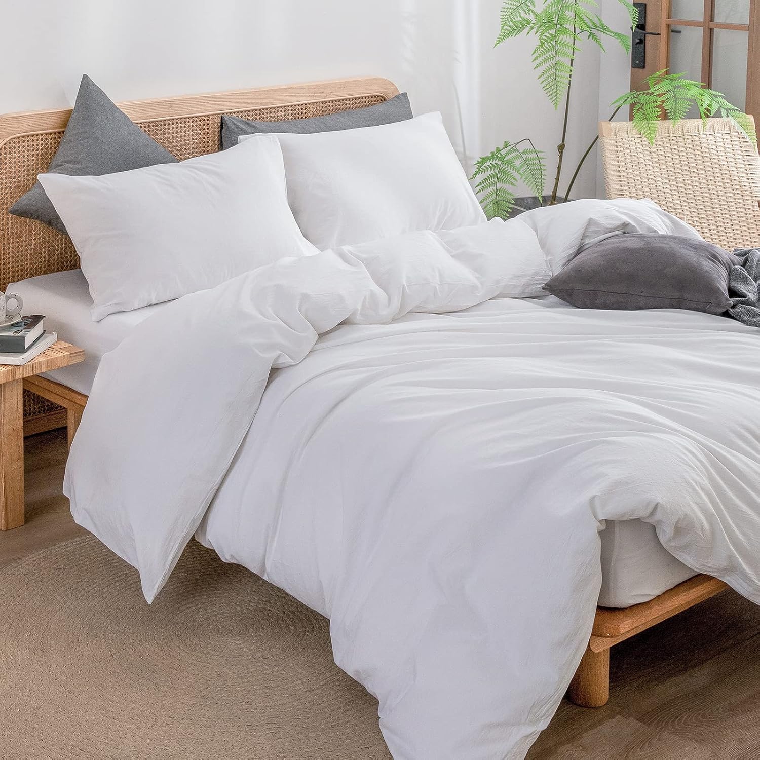 Detalle de BESTOUCH Cotton Solid Duvet Cover Set Linen Feel Bright White, Super King (3 pieces)