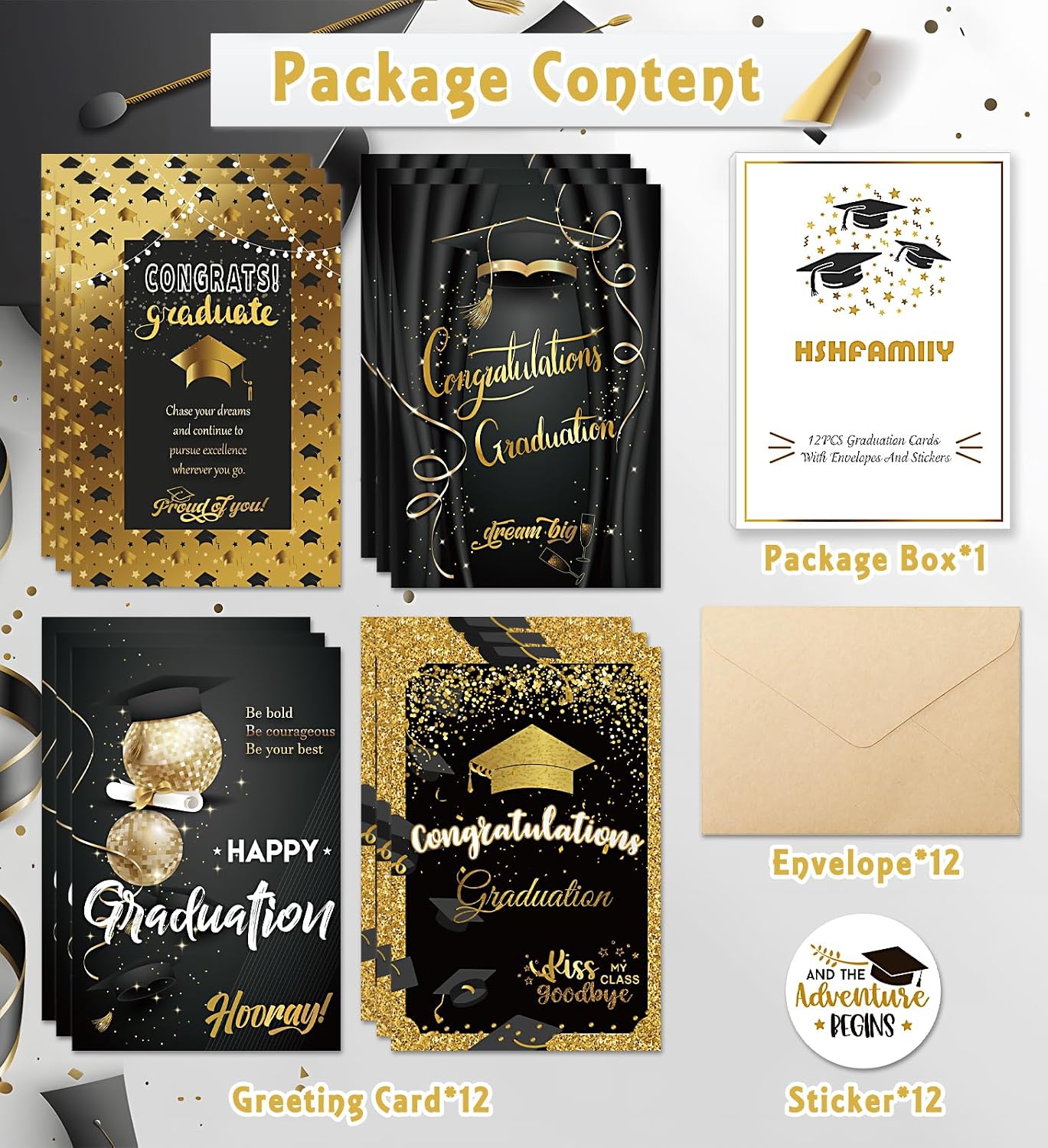 Thumbnail 1 de HSHFAMIIY Graduation Cards: 12 Black & Gold Congrats Cards with Envelopes (4 Designs) - Blank Inside