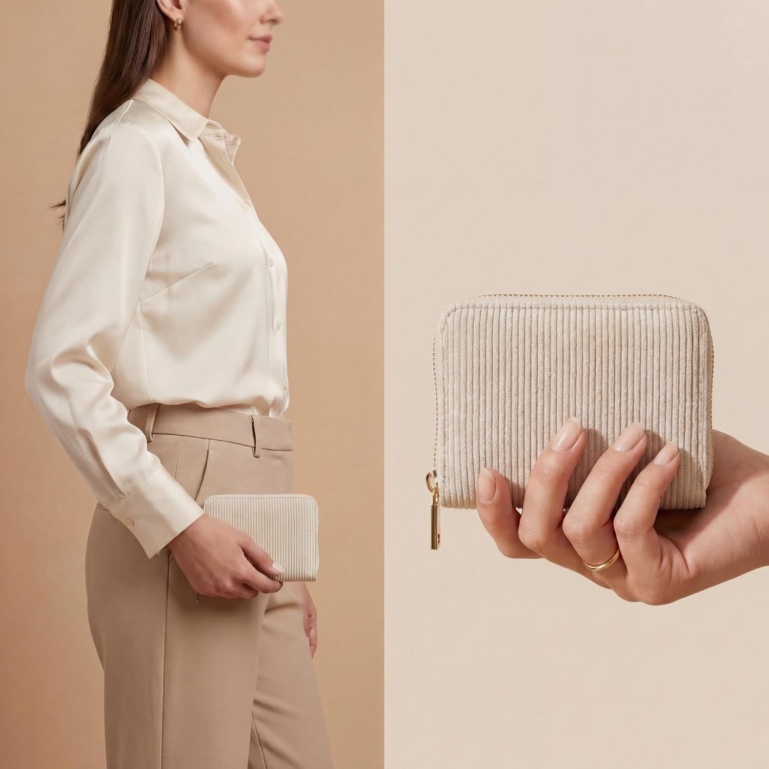 Detalle 2 de MillyMilk Kord Geldbeutel Fondo – Mini Portemonnaie aus Cord in Beige, kompakt & formstabil