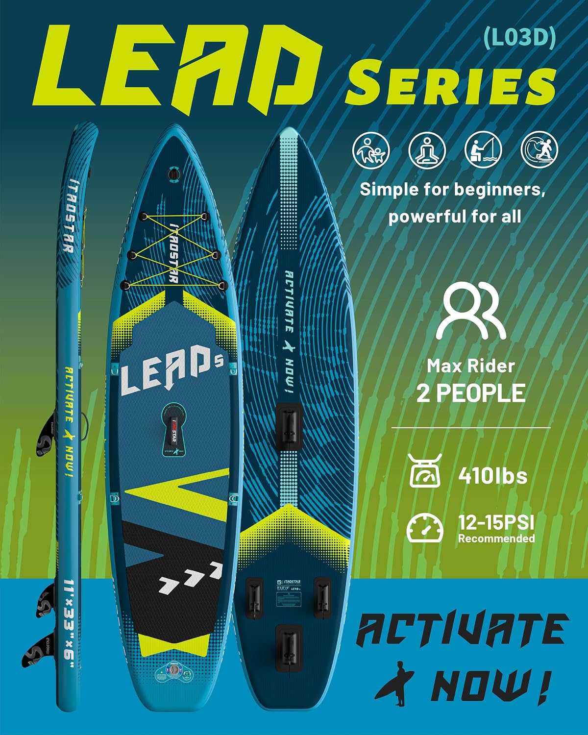Detalle de iTAOSTAR Lead 12' × 35" / 11' × 33" Inflatable SUP Board — All‑Skill, All‑Ages, 5 Fins Included