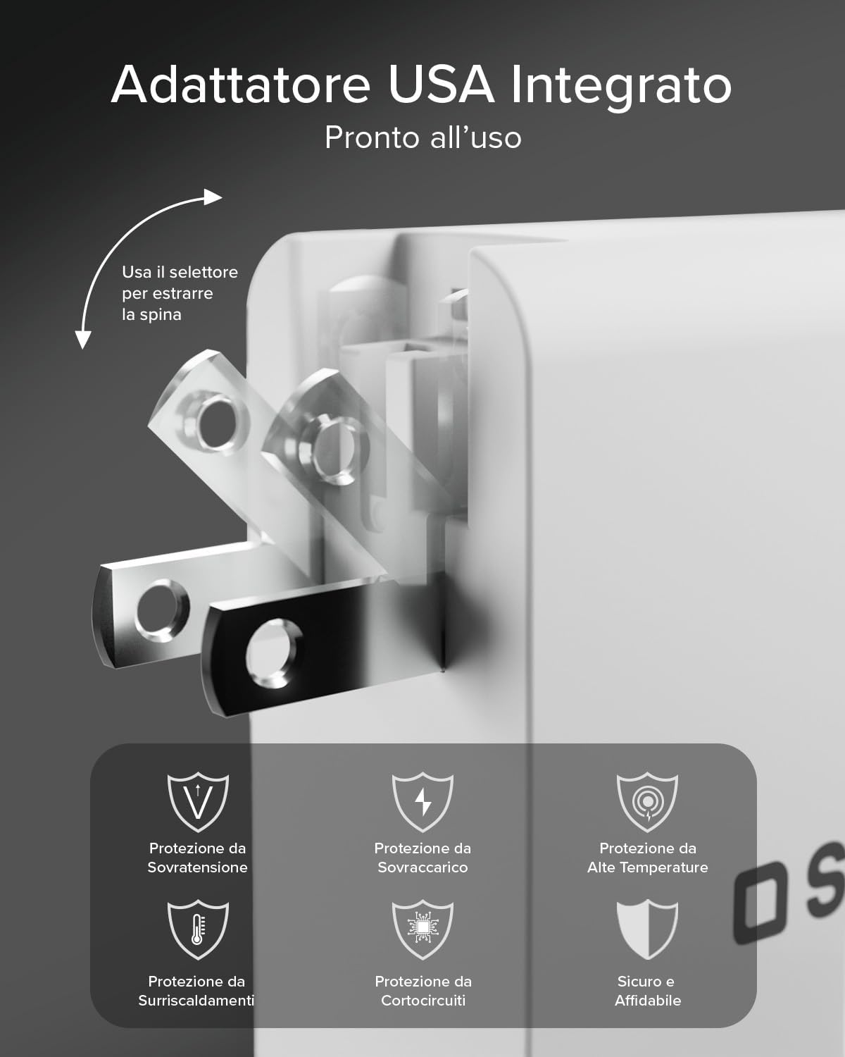 Detalle de SBS Travel Adapter USB-C 100W: caricatore da viaggio tutto-in-uno con adattatori US/UK/EU/AU