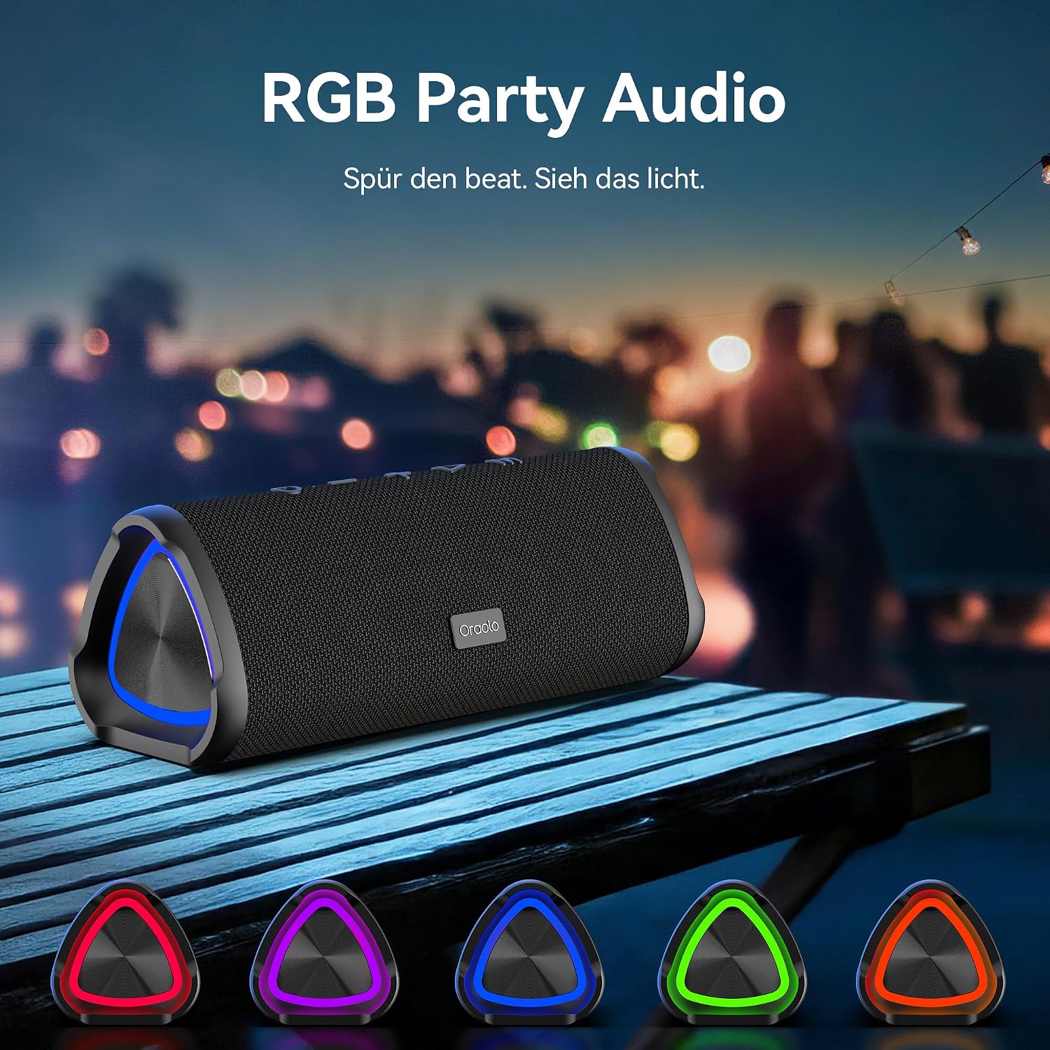 Detalle 2 de Oraolo Bluetooth Tragbarer Lautsprecher mit 20W, IPX6 und 24h Akkulaufzeit – Outdoor & Party Musikbox