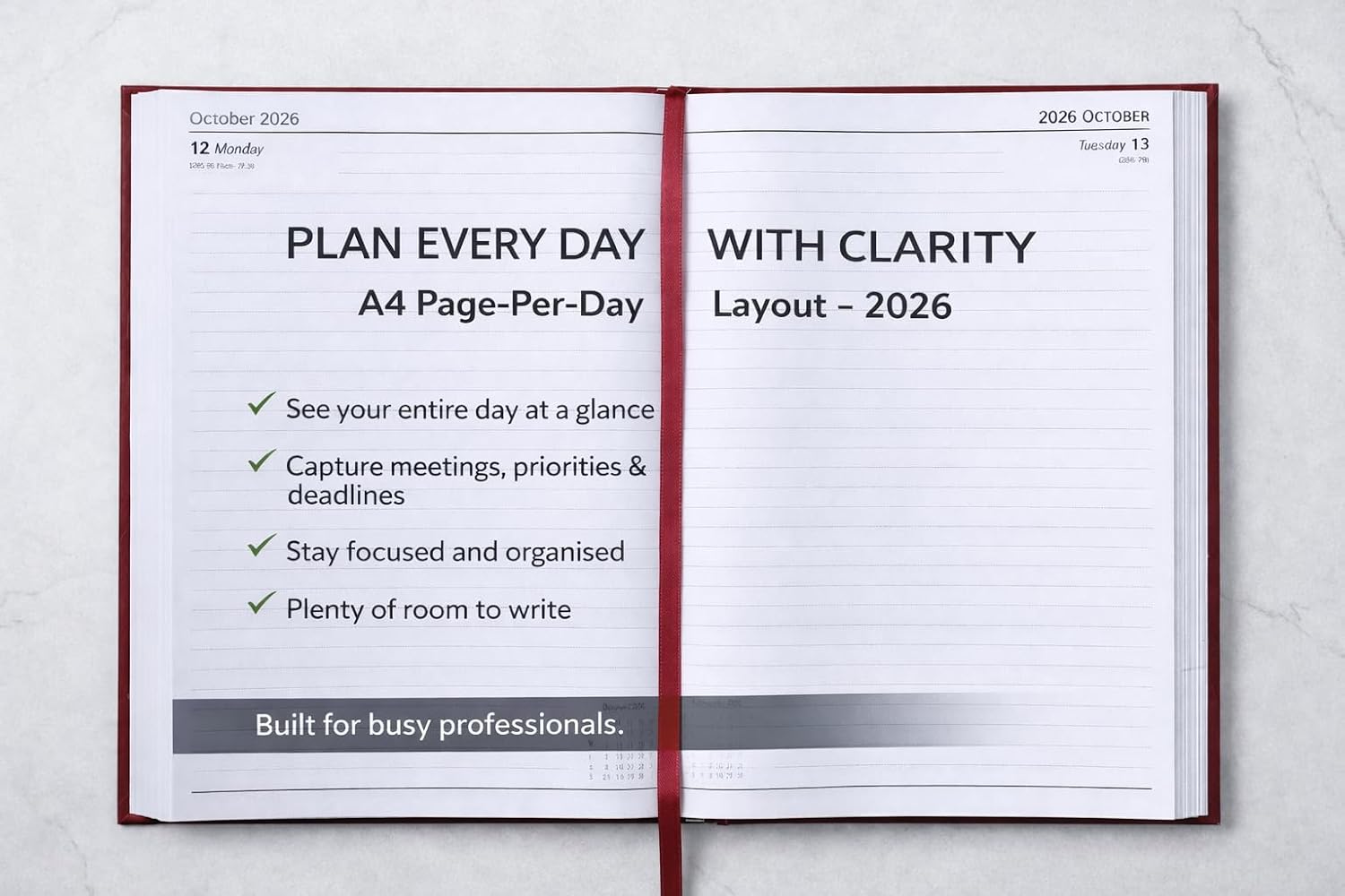 Thumbnail 1 de Top Sale 2026 A4 Diary Day Per Page – Large Hardcover Daily Planner (Maroon)