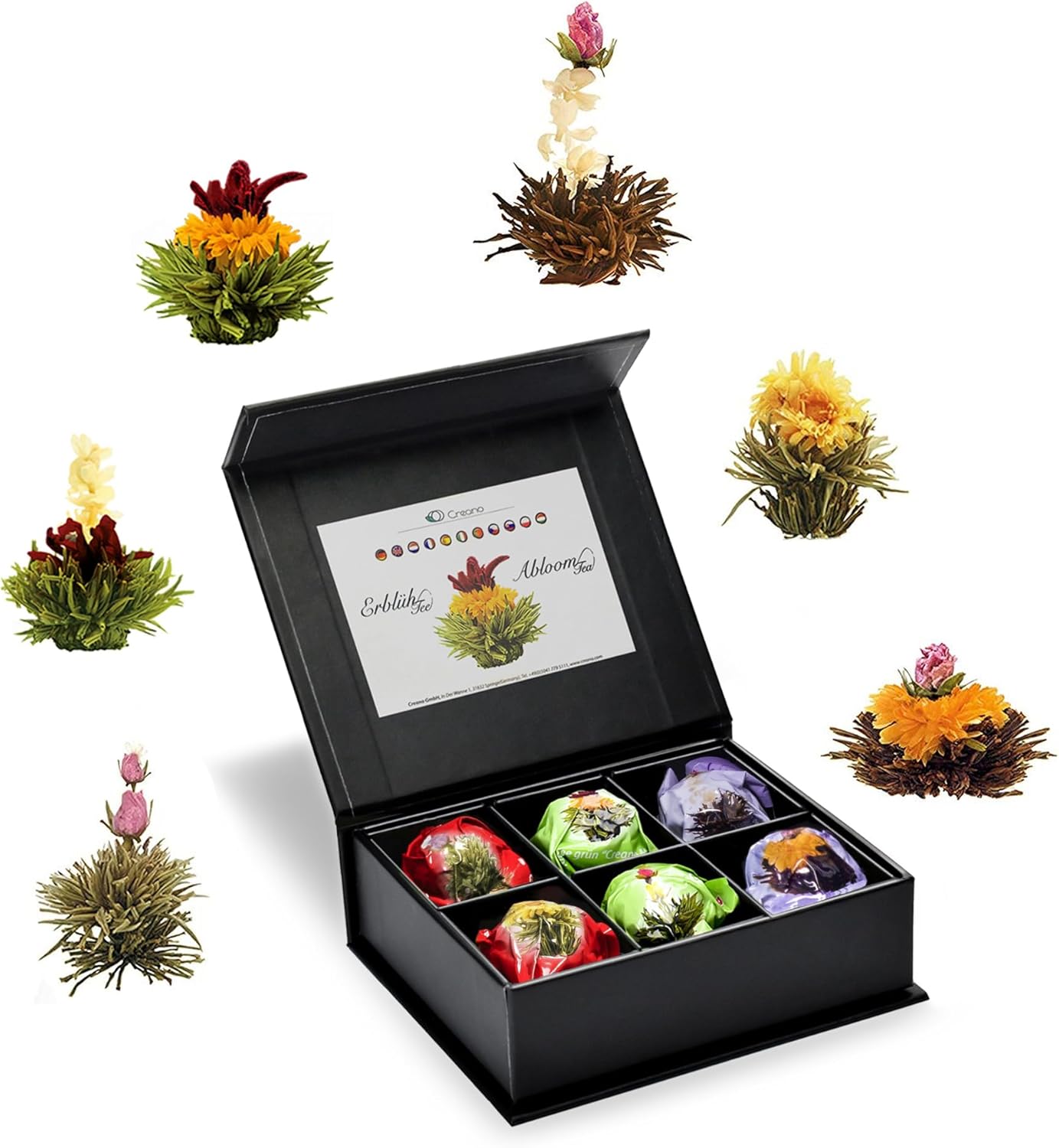 Detalle de Creano 6 Flores de Té 🍵 Caja Magnética con Relieve Plata