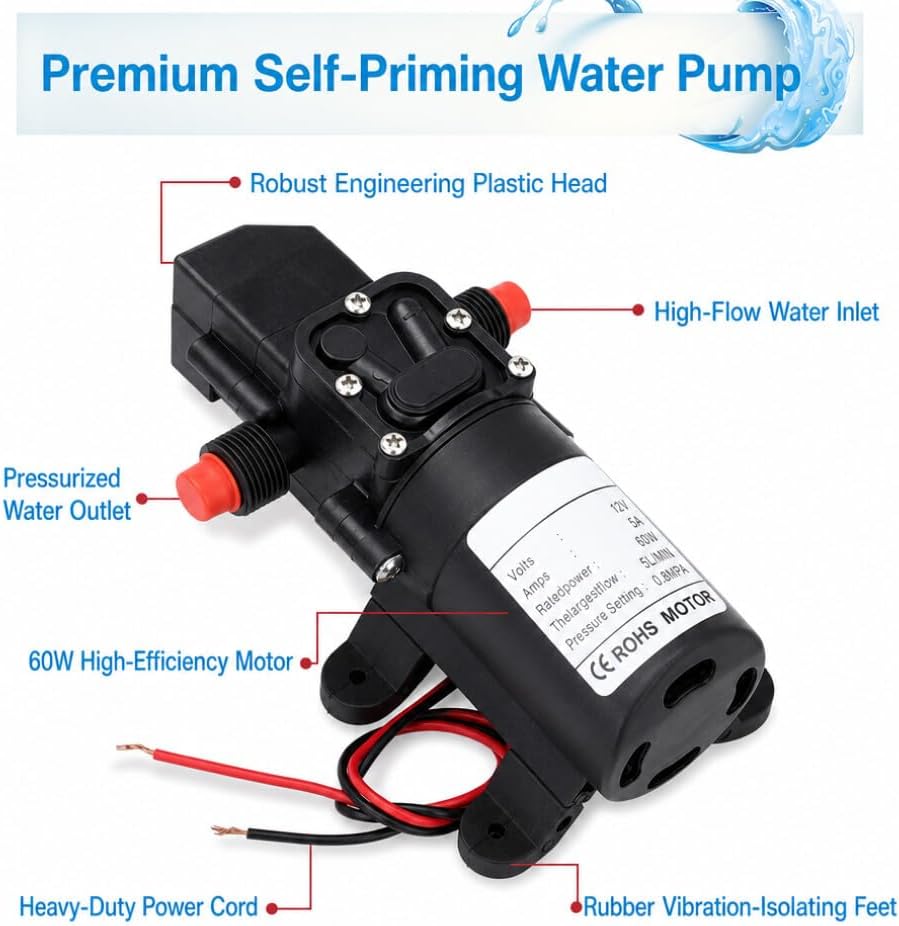 Detalle 2 de Greensen 12 V självsugande membranpump, 60 W, 5 l/min och tryckbrytare