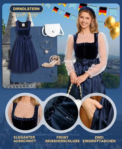 Detalle de DIRNDLSTERN Damen Blau Samt Midi-Dirndl mit Reißverschluss, 70 cm – Oktoberfest Outfit