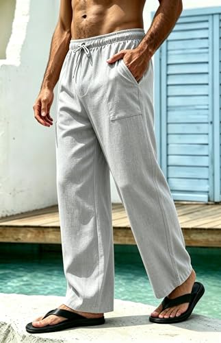 Thumbnail 3 de Cegerne Pantaloni in Lino Uomo Lunghi Leggeri – Vita elastica e Coulisse, Grigio, L