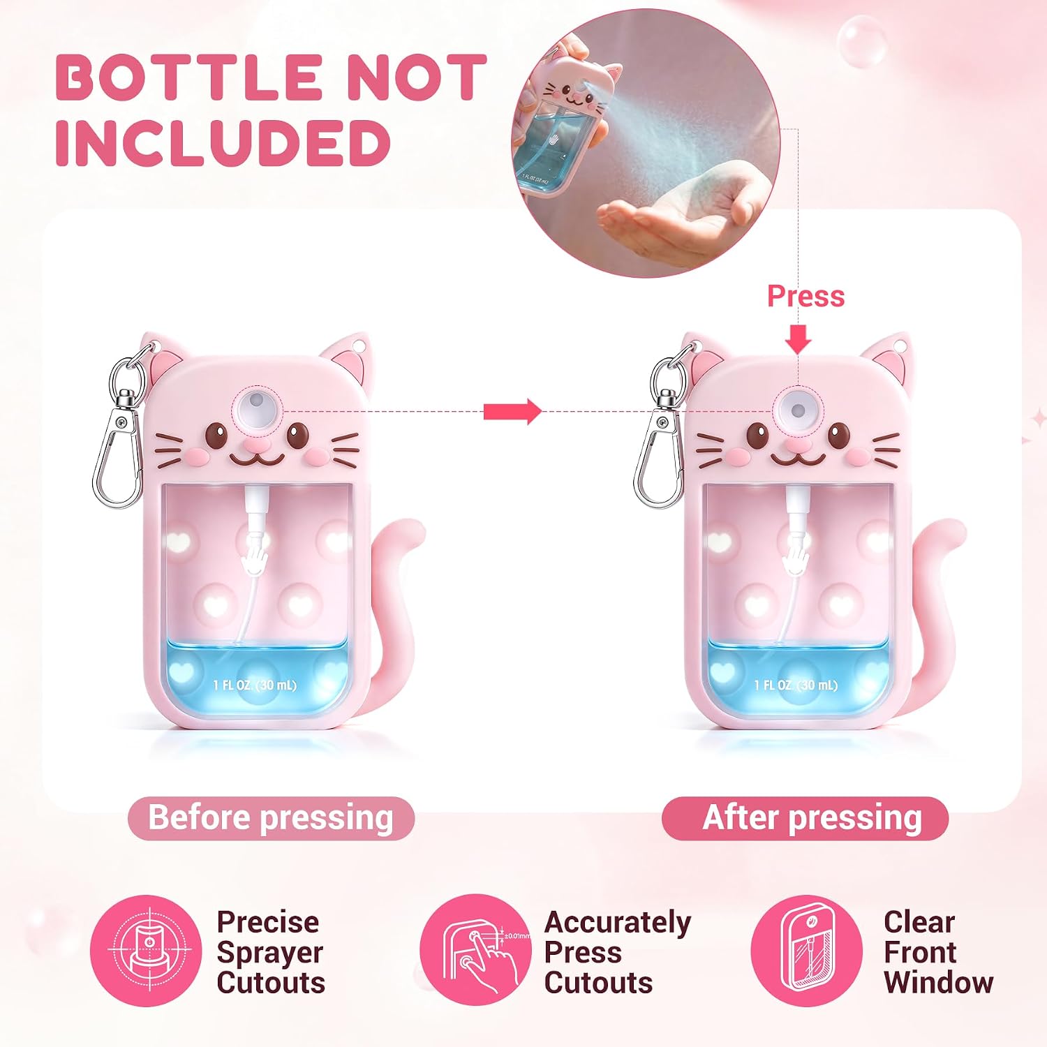 Detalle de YENMOP Pink Silicone Hand Sanitizer Case for Touchland Power Mist with Keychain