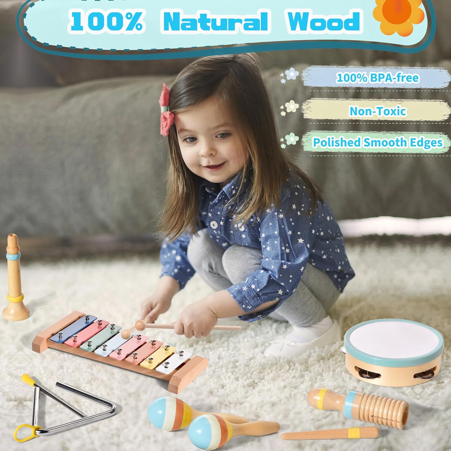 Detalle de Kids Musical Instruments: 6-in-1 Montessori Wooden Percussion Set for Toddlers (12–18M+), Boho xylophone, drums and more