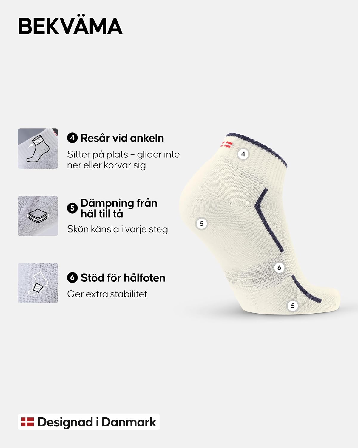 Detalle de DANISH ENDURANCE bomullsstrumpor med dämpning, hålfotsstöd och mesh