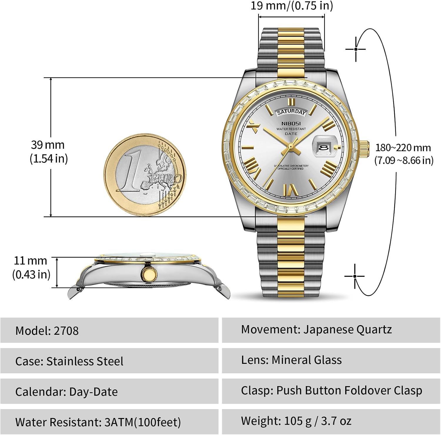 Thumbnail 2 de NIBOSI Orologio da uomo analogico al quarzo con lunetta con diamanti, quadrante con giorno/data e impermeabilità 3 ATM