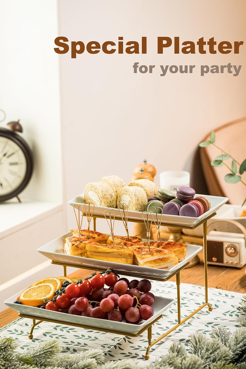 Detalle de LAUCHUH 3-Tier Porcelain Serving Tray with Collapsible Sturdy Rack, 12 Inch (Gold)