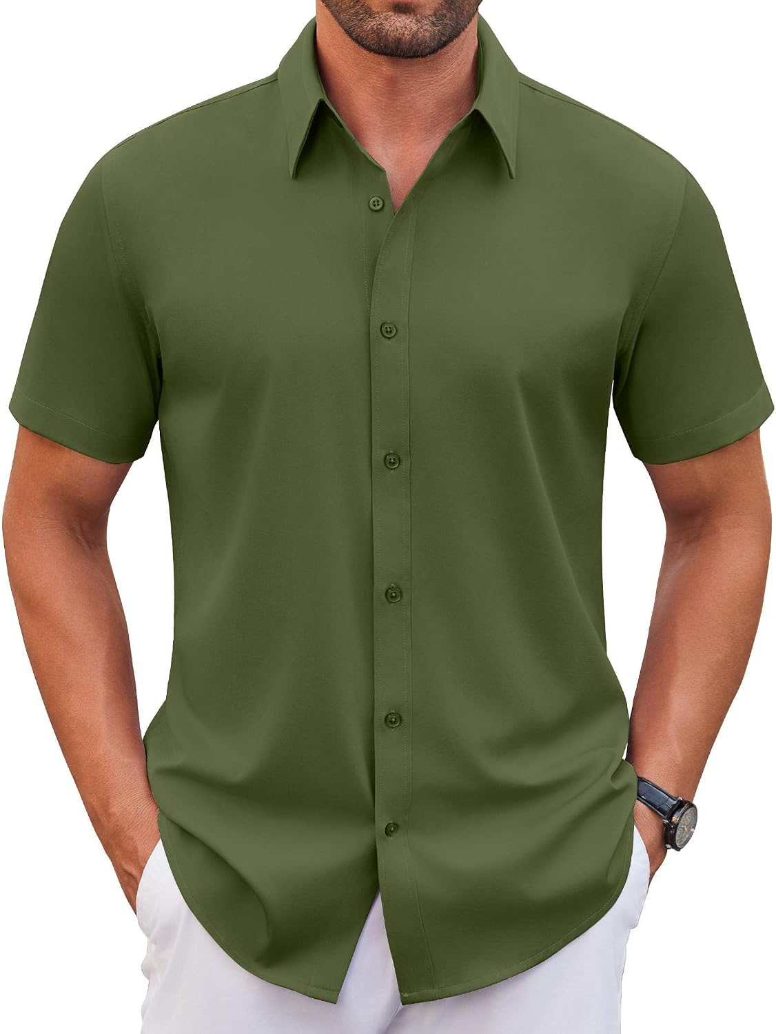 Detalle de COOFANDY Men's Stretch Short Sleeve Dress Shirt — Wrinkle-Resistant, Comfortable Button-Down