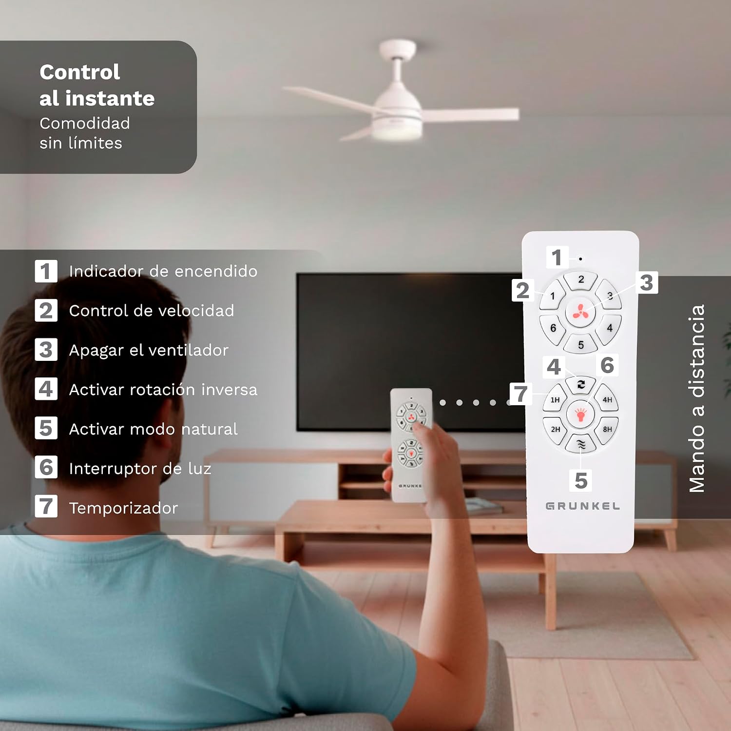 Detalle de Grunkel Ventilador de Techo con Luz LED y aspas reversibles (Blanco/Madera) - 6 velocidades, mando y temporizador