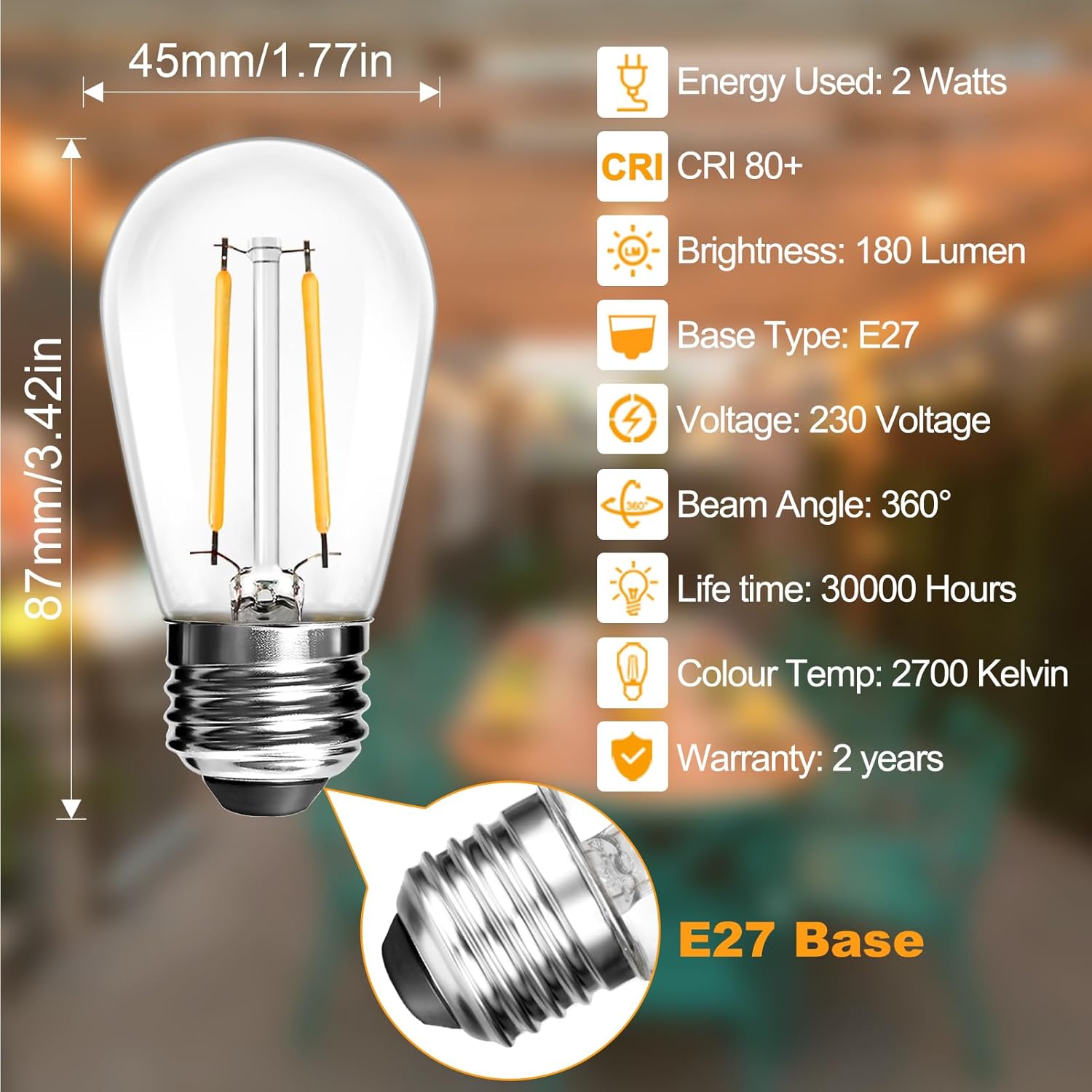 Thumbnail 1 de BRIMAX 25PACK 2W S14 LED Outdoor Edison Bulbs (E27) – Warm White 2700K, Non-Dimmable, Shatterproof Replacement for UK String Lights