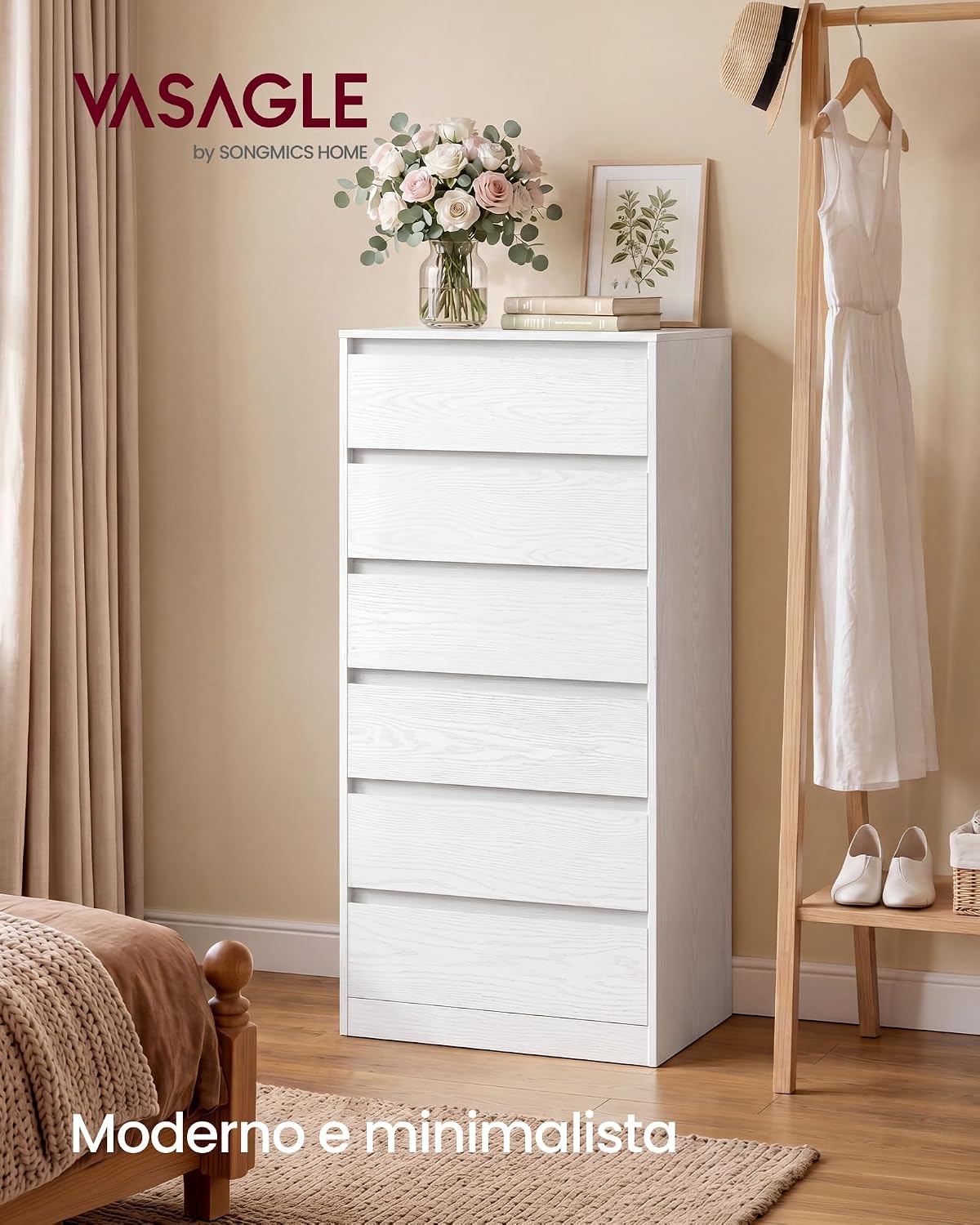 Detalle de VASAGLE KAILYN Collezione – Cassettiera a 6 cassetti in bianco neve, stile moderno