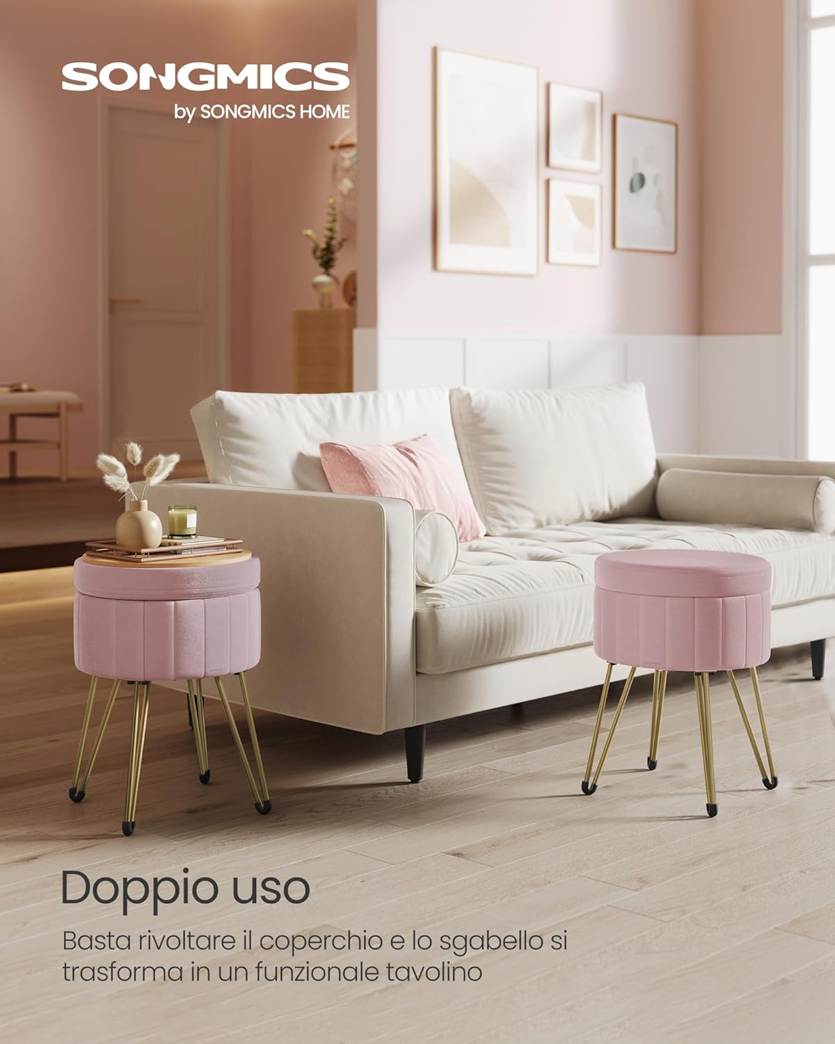 Thumbnail 3 de SONGMICS Sgabello Pouf Contenitore in Velluto Rosa Pastello – Cassapanca Rotonda, 39 x 44,4 cm