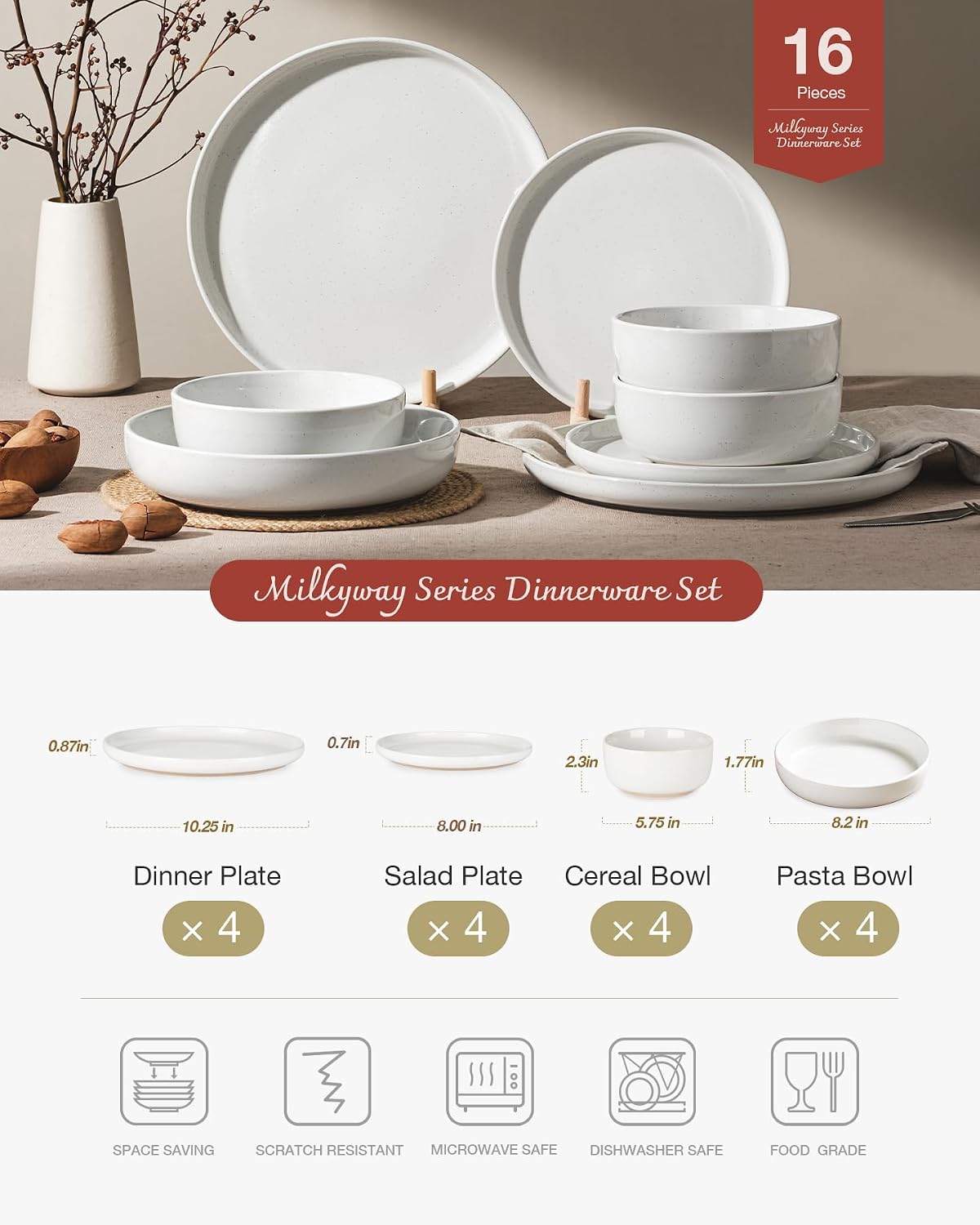 Detalle de Famiware Milkyway Stoneware Dinnerware Set for 4 (16 Pieces) – Scratch-Resistant, Microwave & Dishwasher Safe in White