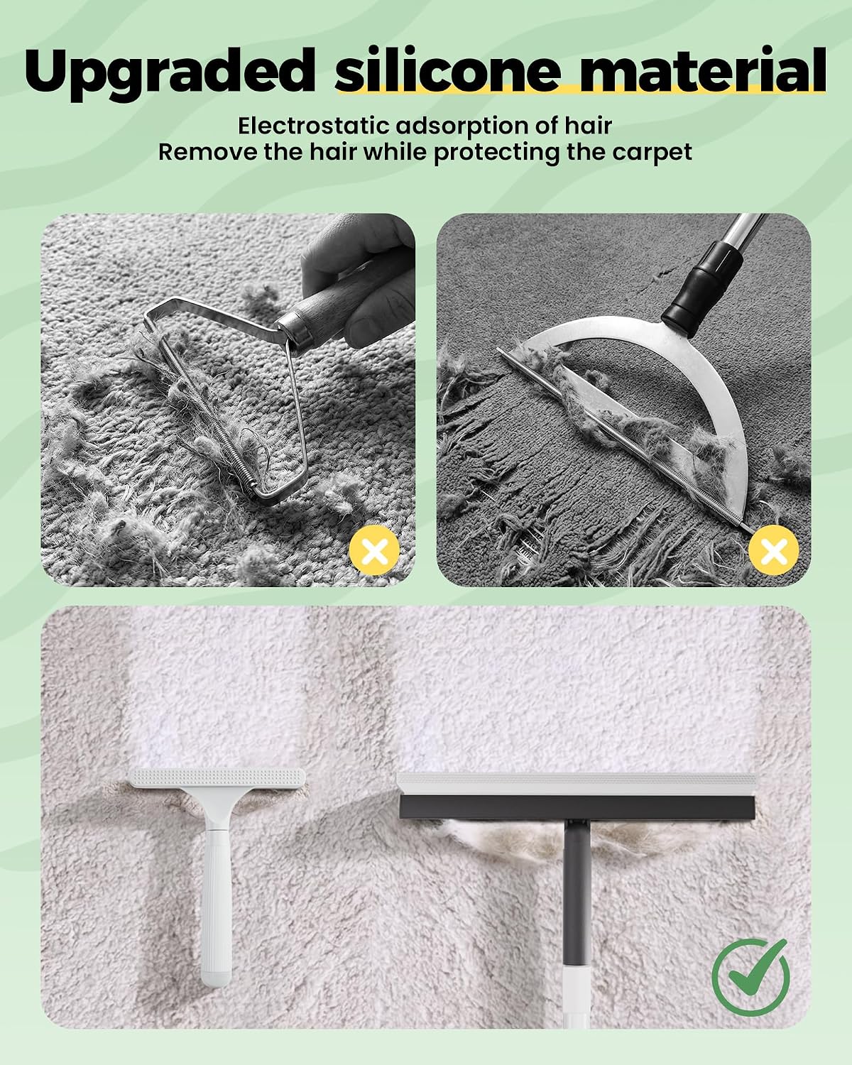 Detalle de Carpet Rake Kit for Pet Hair Removal: 4‑in‑1 Tool with 60" Adjustable Rubber Broom