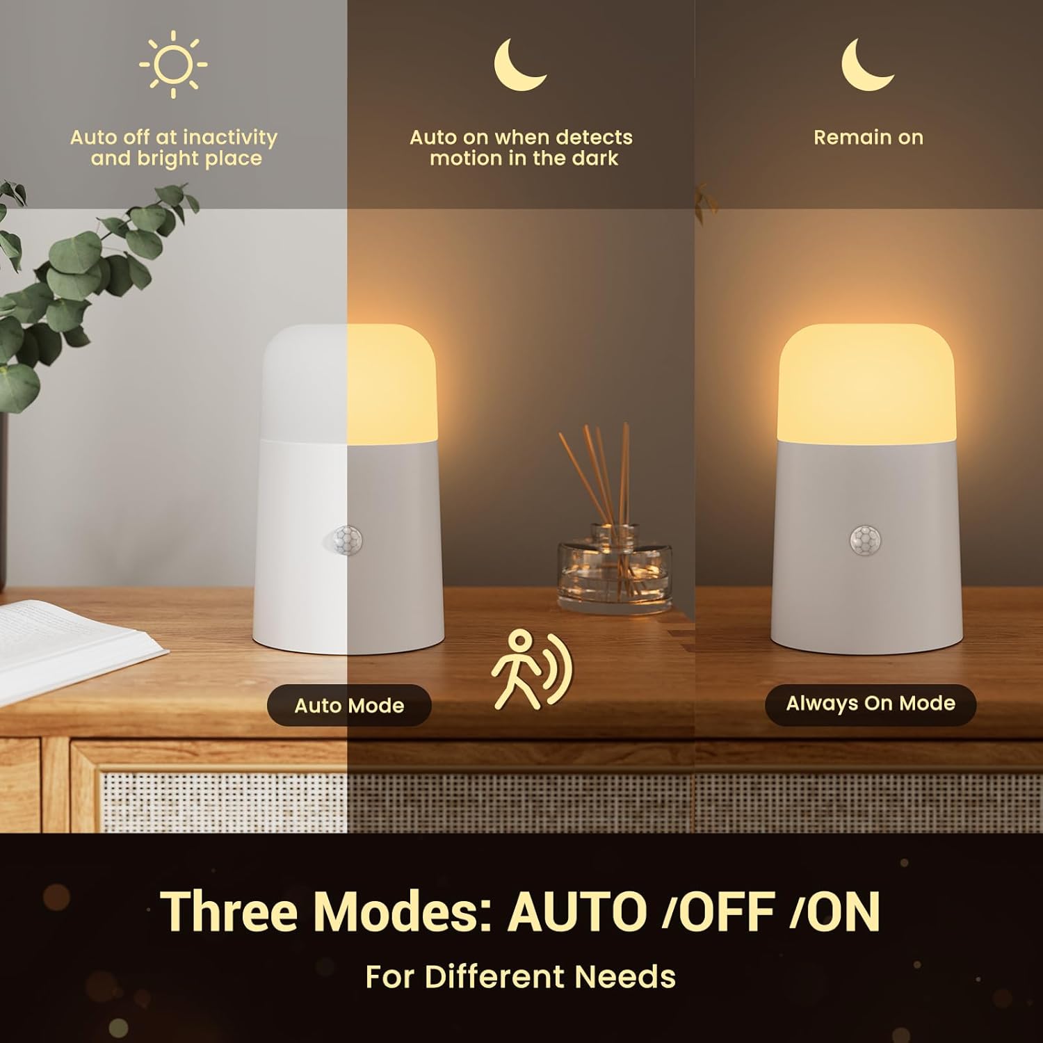 Detalle de WARMTUYO Nachtlicht mit Bewegungsmelder – 2er-Set, batteriebetrieben, Warmweiß