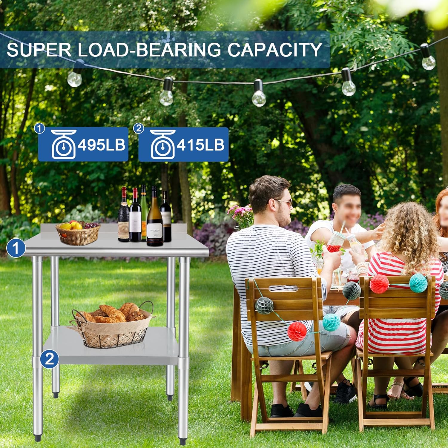 Thumbnail 2 de HARDURA Stainless Steel Table Prep & Work Table 24 x 36 Inches (NSF) with Undershelf and 2-inch Backsplash