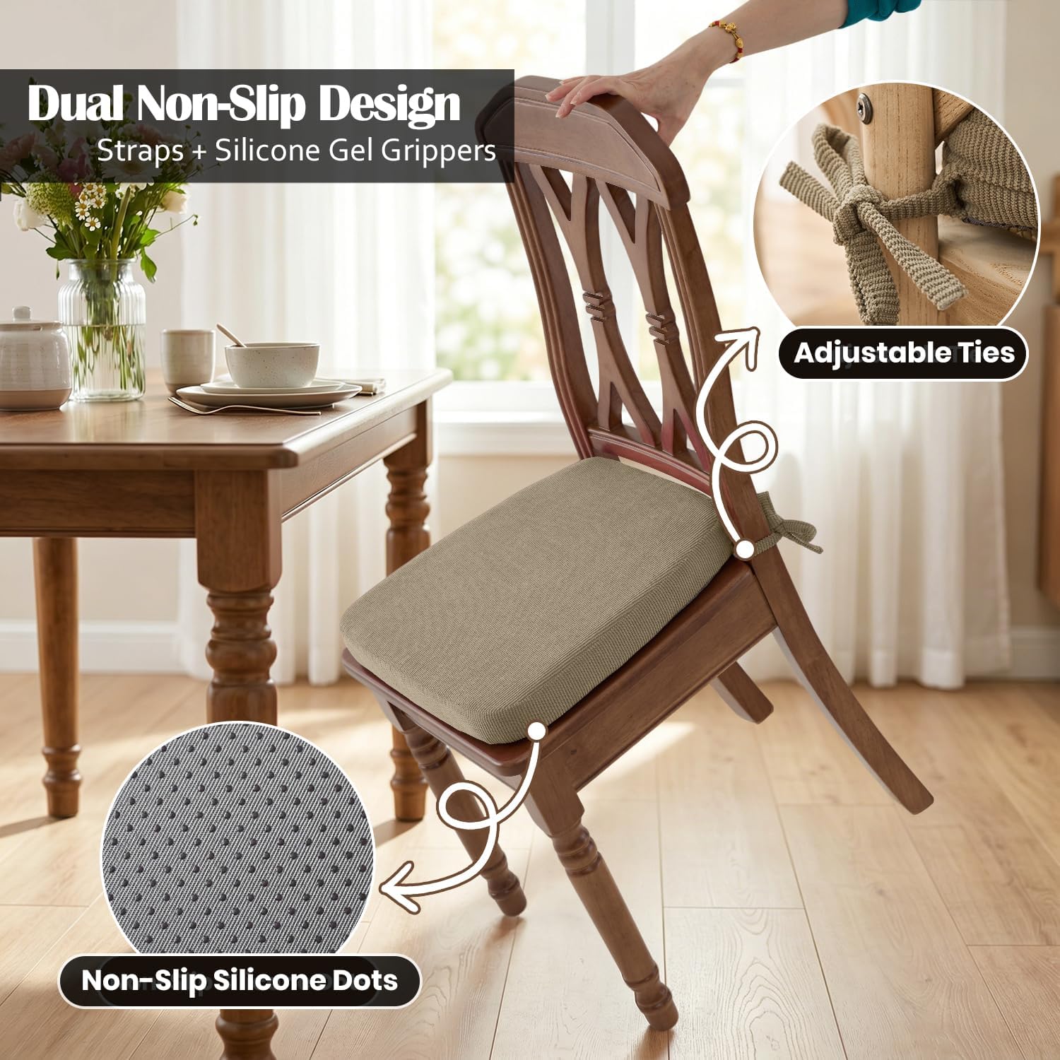 Detalle de Nobildonna YD1716 Dining Chair Cushions, Khaki, 17" x 16", Set of 2