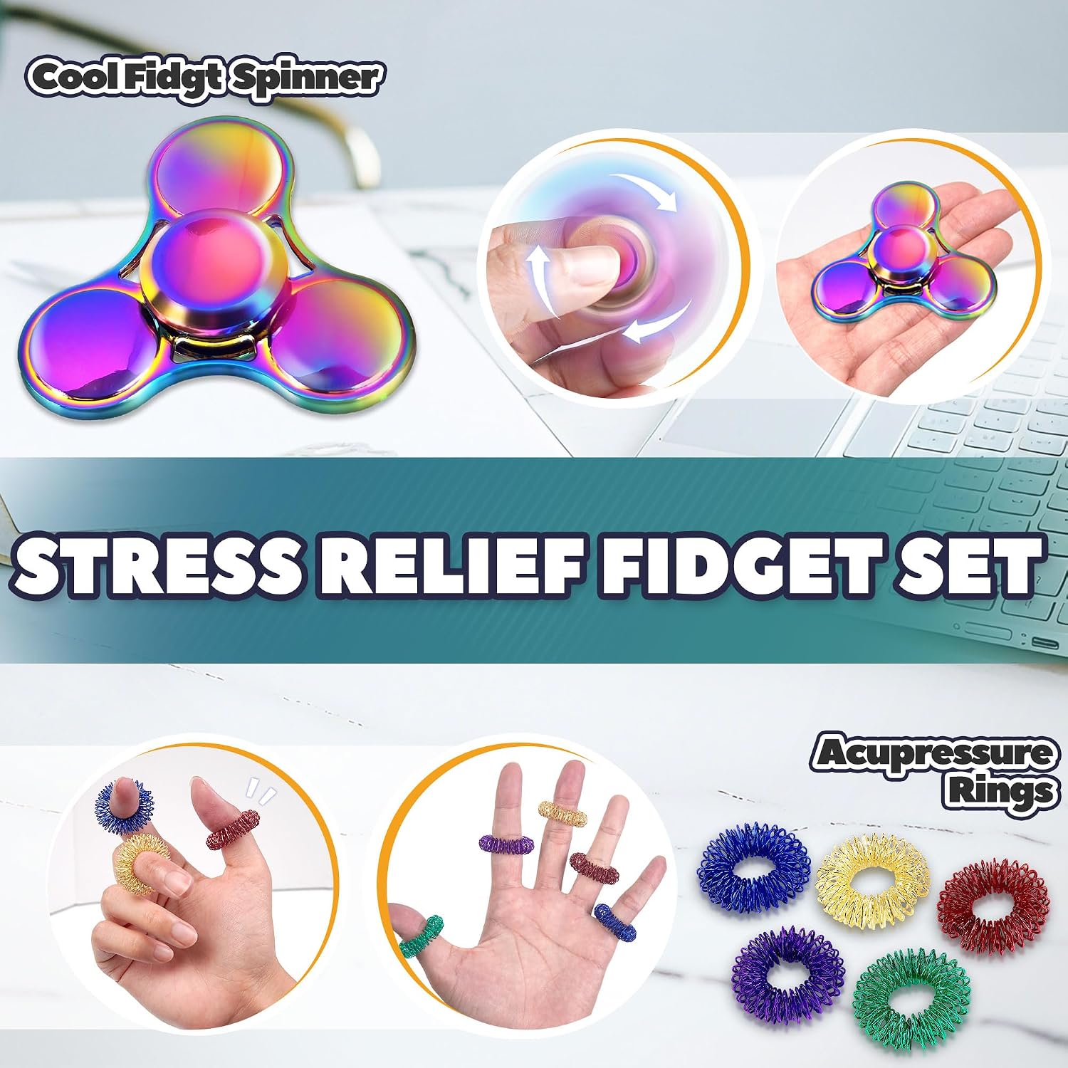 Thumbnail 3 de Chilvil 8-Piece Metal Fidget Toy Set with Sensory Rings and Spinners