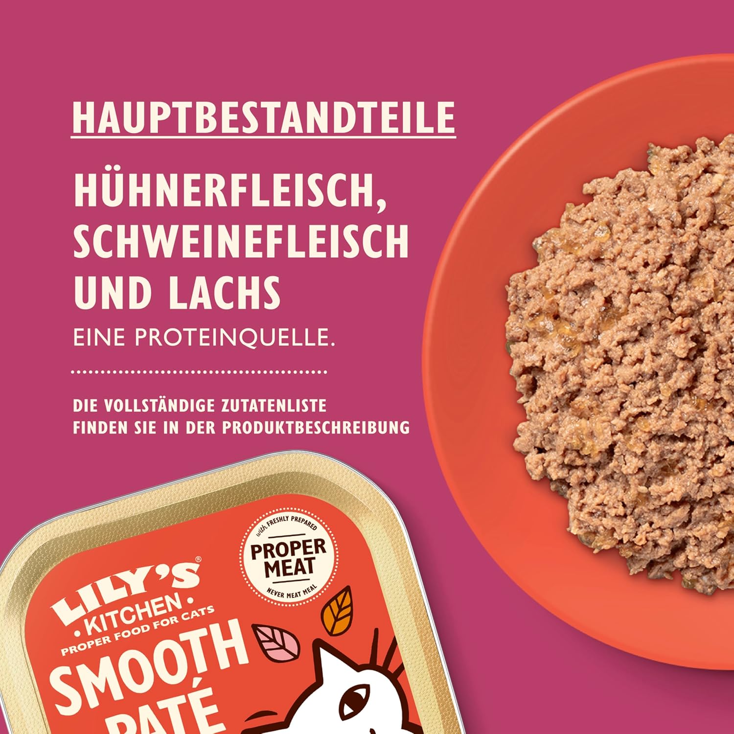 Detalle 2 de Lily’s Kitchen Feine Pastete Hühnchen mit Lachs für ausgewachsene Katzen – 19 x 85 g Schalen