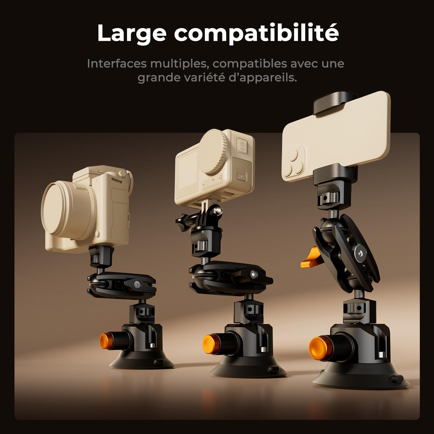 Detalle de K&F CONCEPT Support caméra voiture à 3 ventouses 3" avec perche télescopique et bras magique 360°