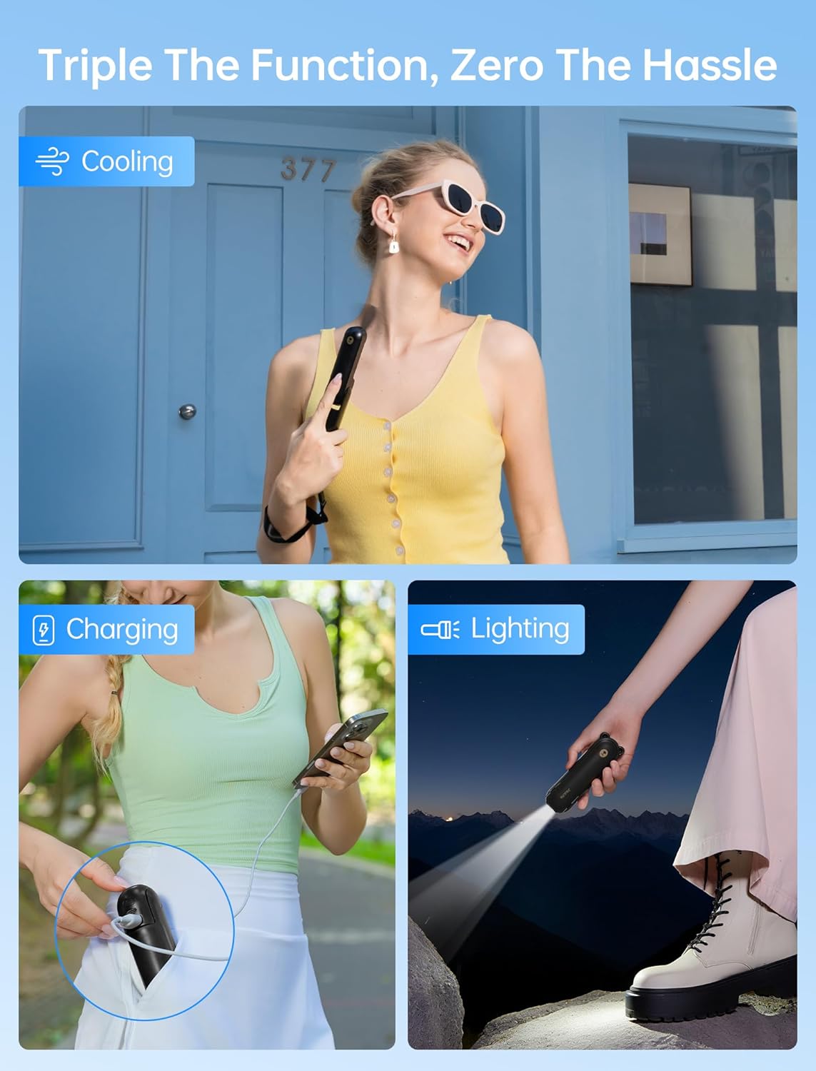 Thumbnail 1 de JISULIFE Mini Handventilator 3-in-1: USB-Aufladung, Powerbank und Taschenlampe – kompakt für Reisen