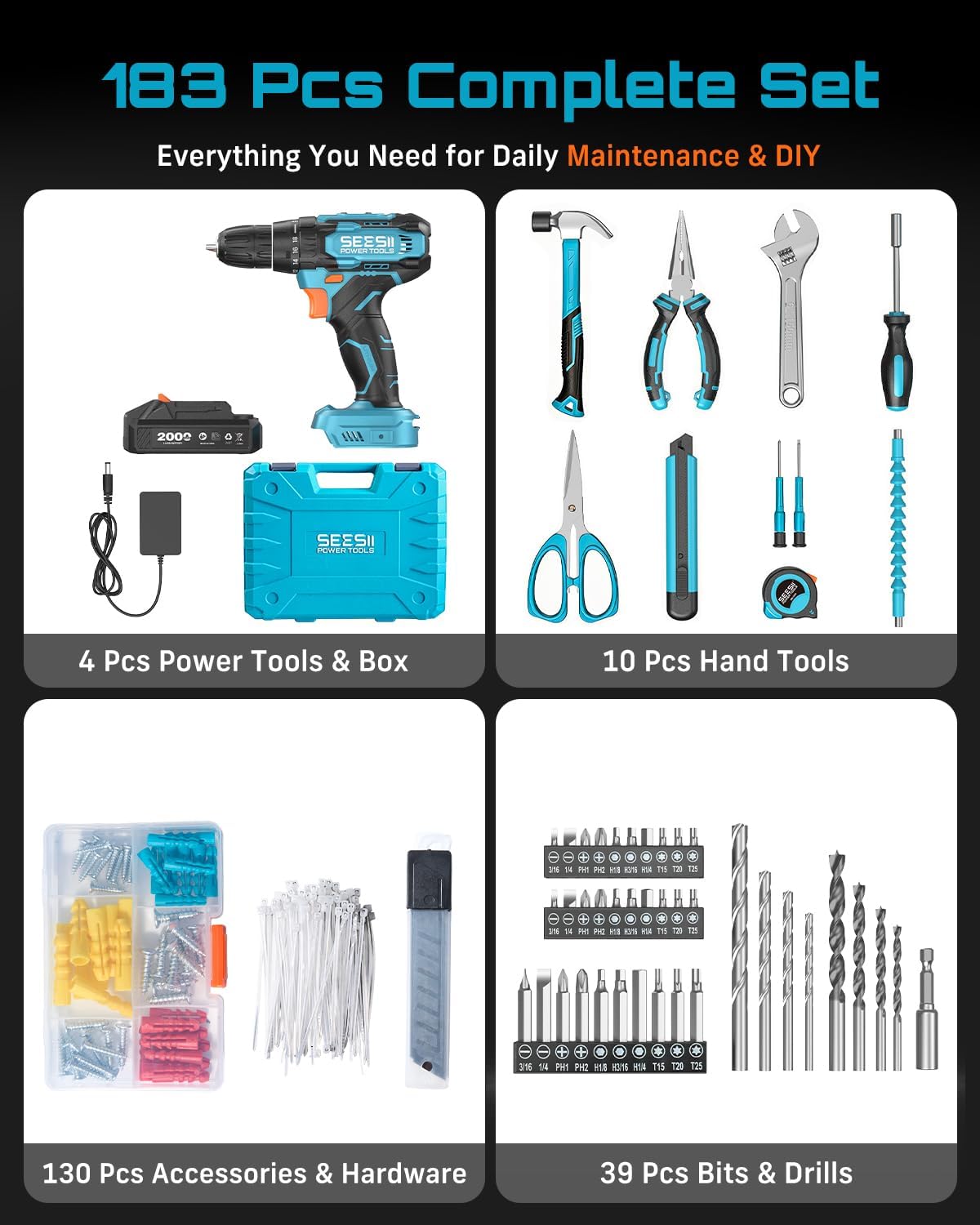Detalle 2 de Seesii E1313 20V Cordless Drill Set, 183-Piece Kit with 40 Nm Torque