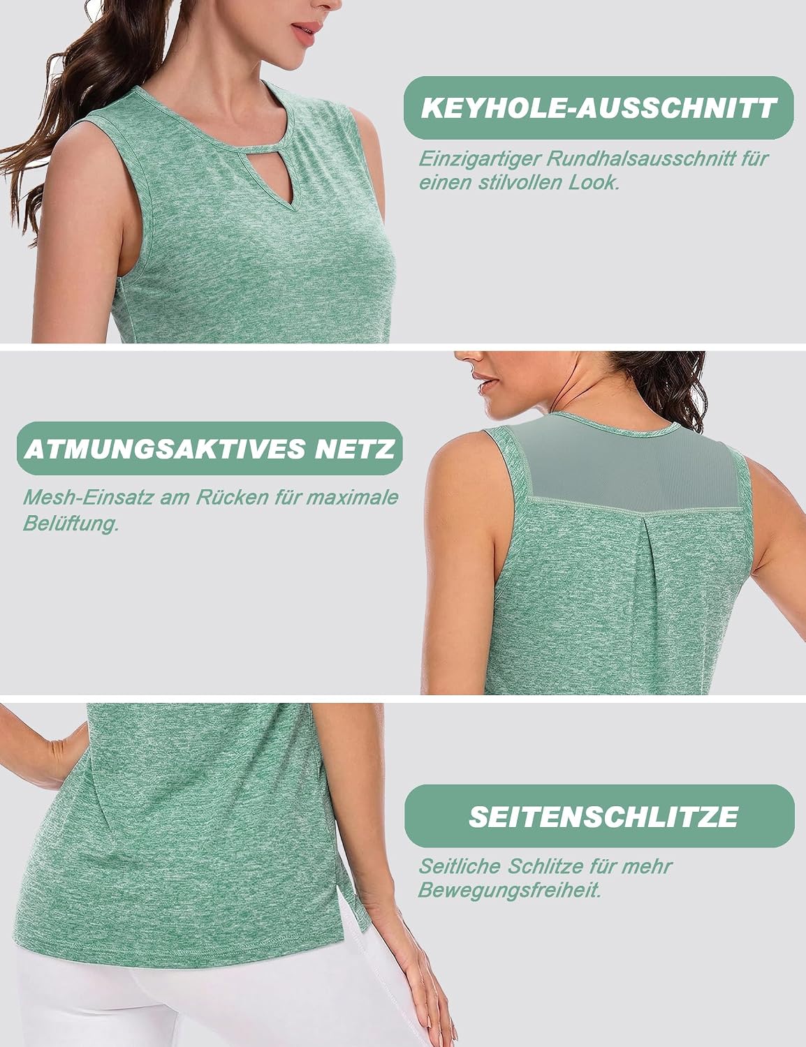 Detalle de Crewhpo Débardeur Sport Femme Fitness – Haut sans manches respirant, mesh dos et séchage rapide (S à XXL)