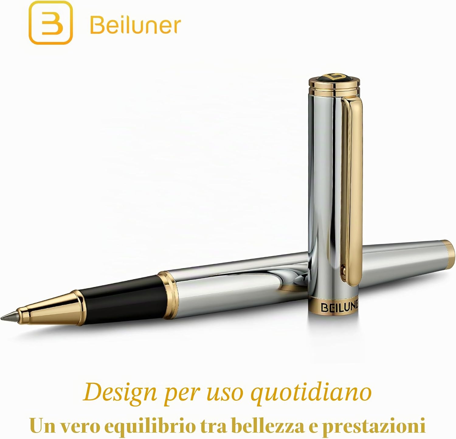Thumbnail 2 de BEILUNER Penna Rollerball di Lusso con finiture oro 24K (cromo & oro) e ricambio Schneider