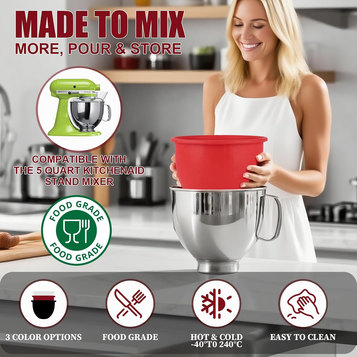 Thumbnail 4 de GuanQiao Silicone Bowl Liners for 5 Qt KitchenAid Mixers, 3 with Lids 🍲