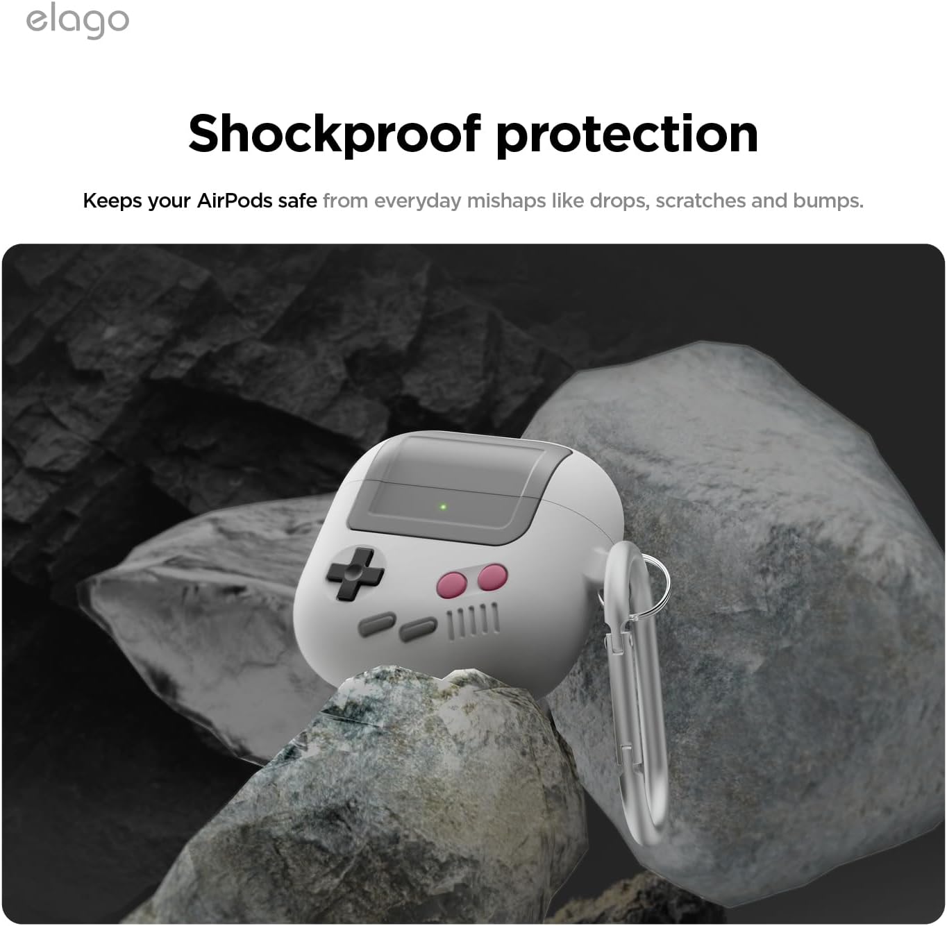 Detalle de elago Coque AW5 en silicone pour AirPods 4 (2024) avec mousqueton inclus – design console rétro portable (gris)
