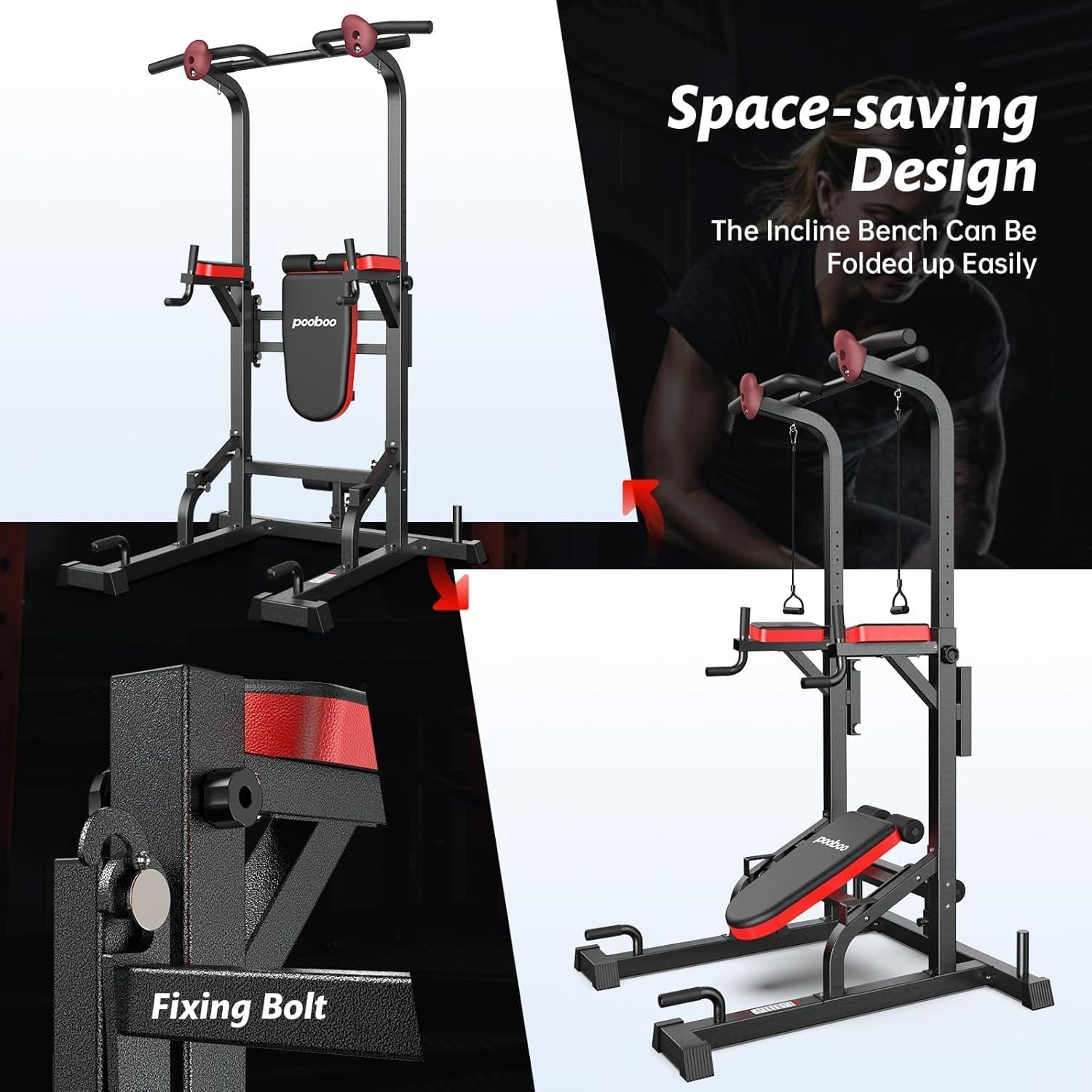 Thumbnail 6 de pooboo Power Tower Dip Station with 11 Height Settings and Folding Bench