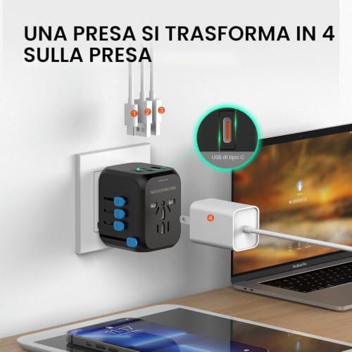 Detalle de MAOMAOCON Adattatore da viaggio universale PD20W con 2 USB-A, USB-C e presa AC | Compatibile con Germania, USA, UK, Thailandia, Italia e altro