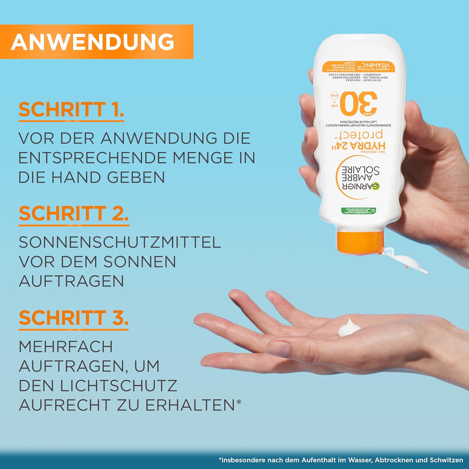 Detalle 2 de Garnier Ambre Solaire Hydra Protect+ Sonnenschutz-Milch LSF 30 (24h) – Schutz vor UVA/UVB mit Vitamin C, 175 ml (2er-Pack)