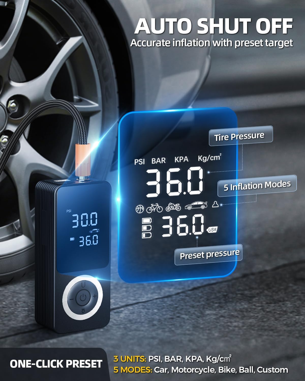 Thumbnail 3 de Cordless Tire Inflator ST10 Air Pump with Digital Pressure Gauge, LED Light, 150 PSI, Auto Shutoff (12V Car Adapter)