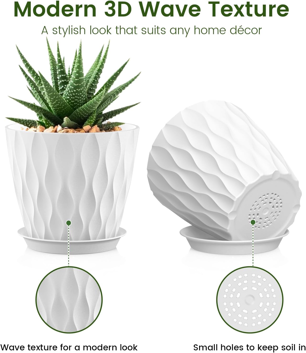 Thumbnail 2 de WSMKSZ 20 cm Plant Pots – 5 Pack with Drainage Holes and Saucers, 3D Wave Texture