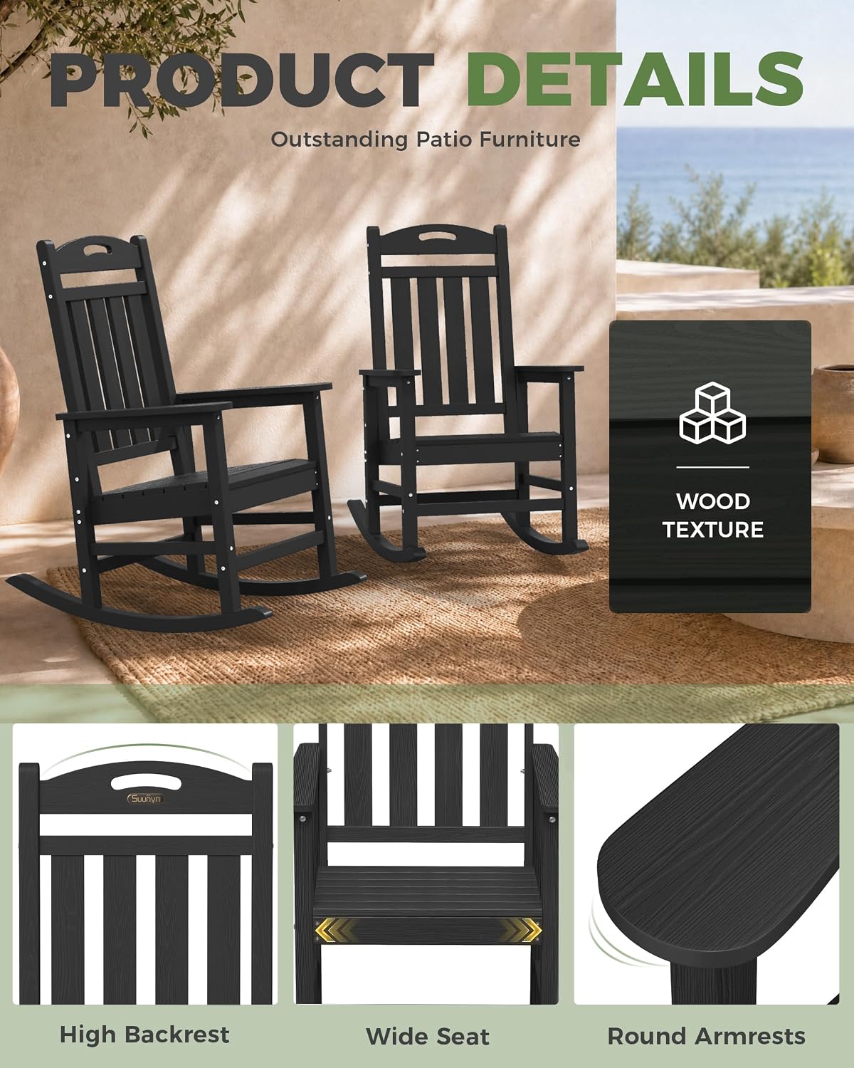 Thumbnail 5 de SUUNYN HDPE Patio Rocking Chair Set of 2, Oversized All-Weather Rockers