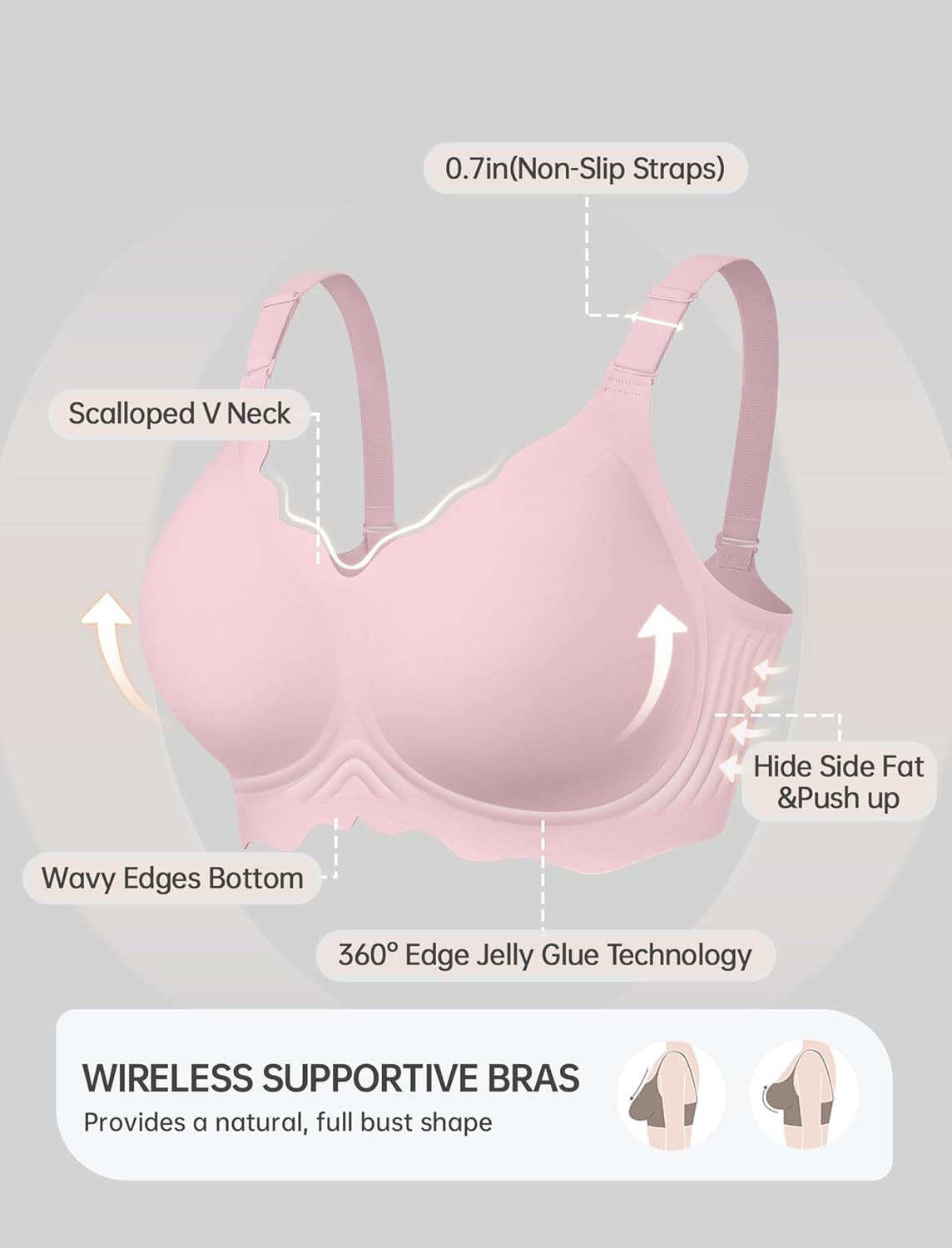 Thumbnail 4 de OEAK Women Jelly Bras No Underwire Scalloped Push Up T-Shirt Bra (Seamless, Full Coverage, Convertible)