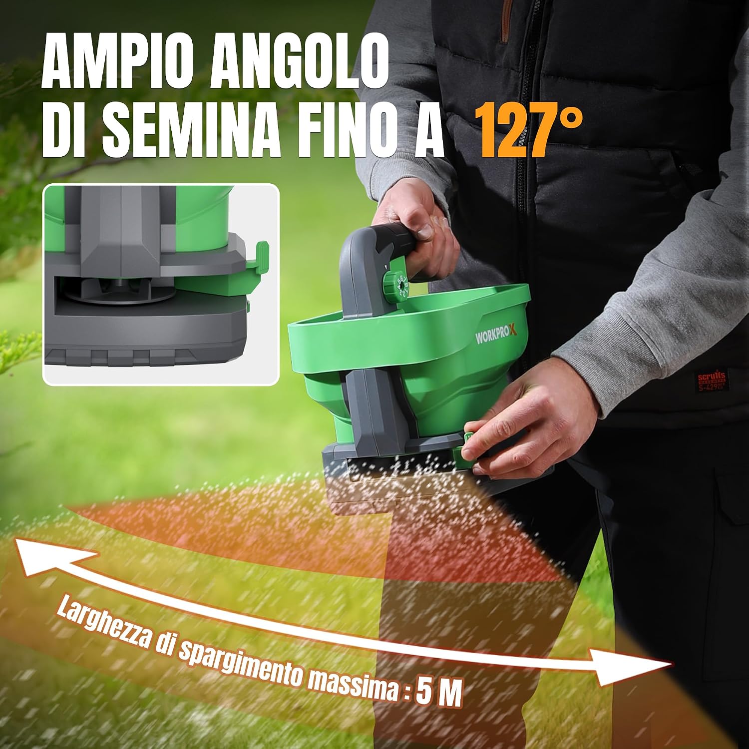 Detalle de WORKPROX Seminatrice universale a batteria 7,2 V con 8 flussi, 6 velocità e larghezza di proiezione regolabile