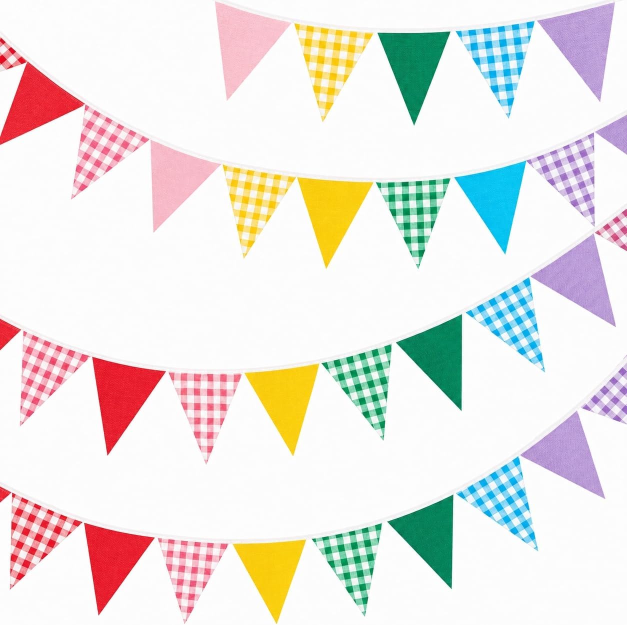 Detalle de G2PLUS Fabric Gingham Bunting Banner 10M Multicoloured – Reusable Vintage Triangle Flags