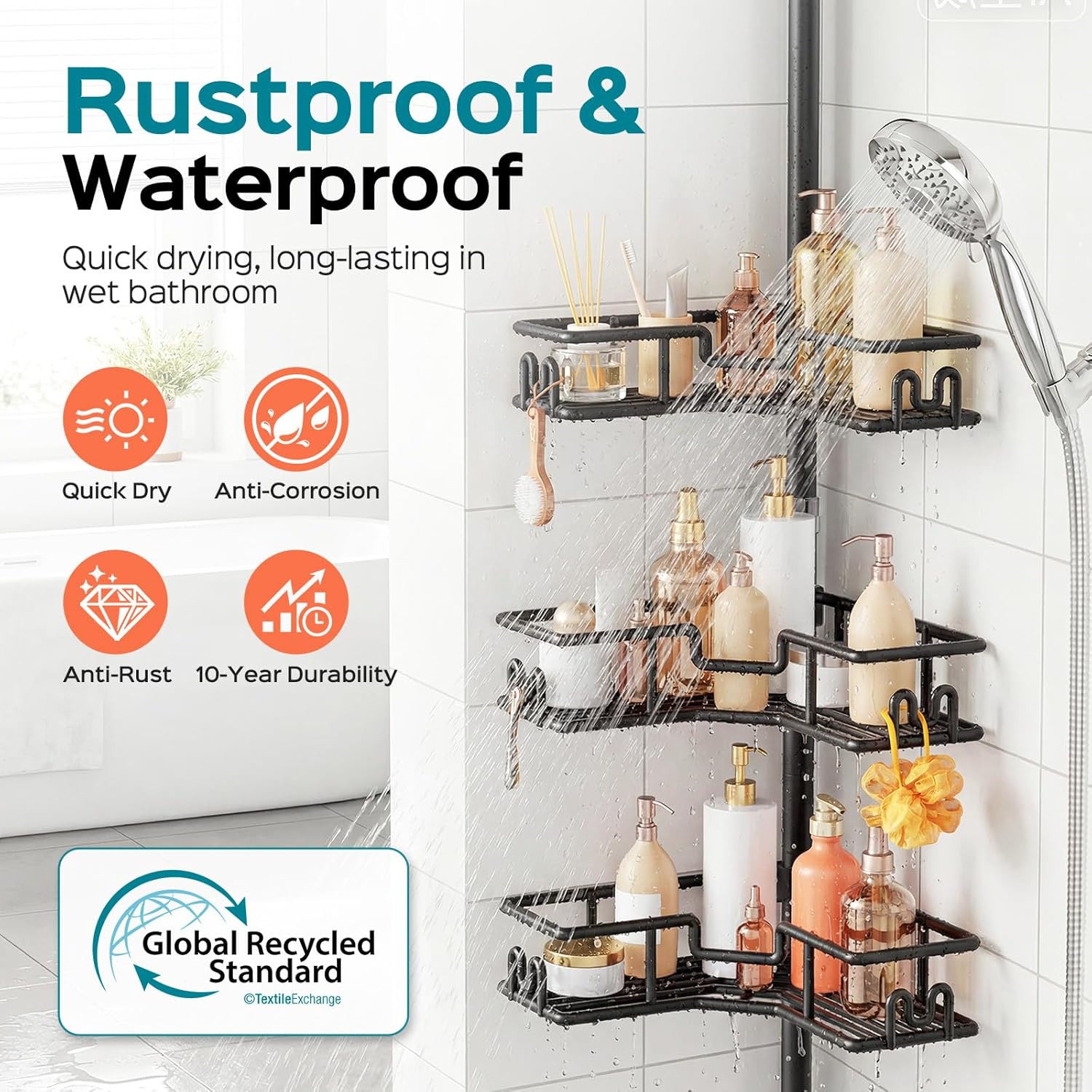 Detalle de HAMITOR Shower Caddy Corner: 4-Tier No-Drill Rustproof Corner Shower Organizer