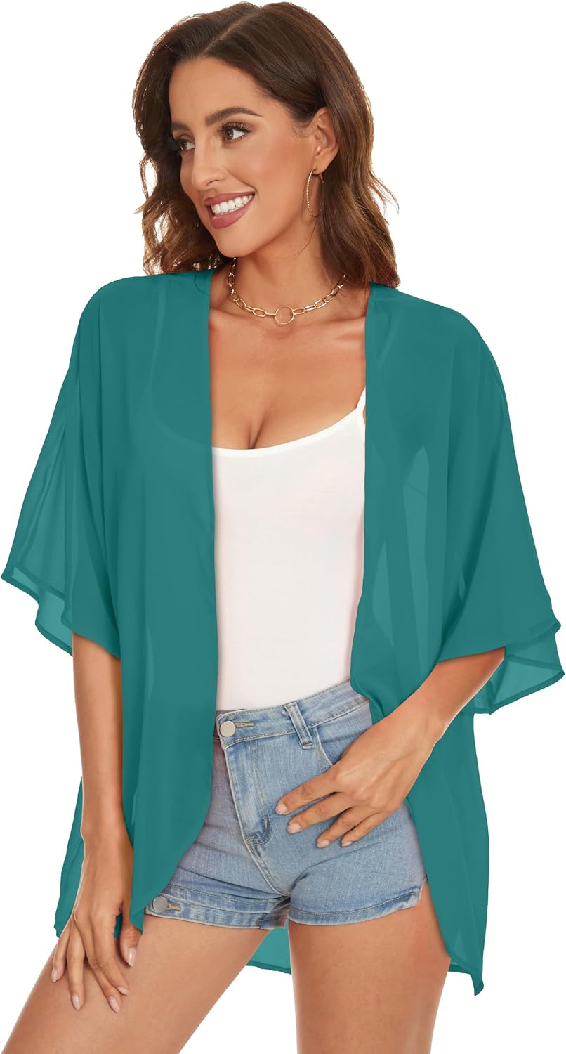 Thumbnail 6 de Women's Floral Chiffon Kimono Cover-Up with Open Front and Puff Sleeves