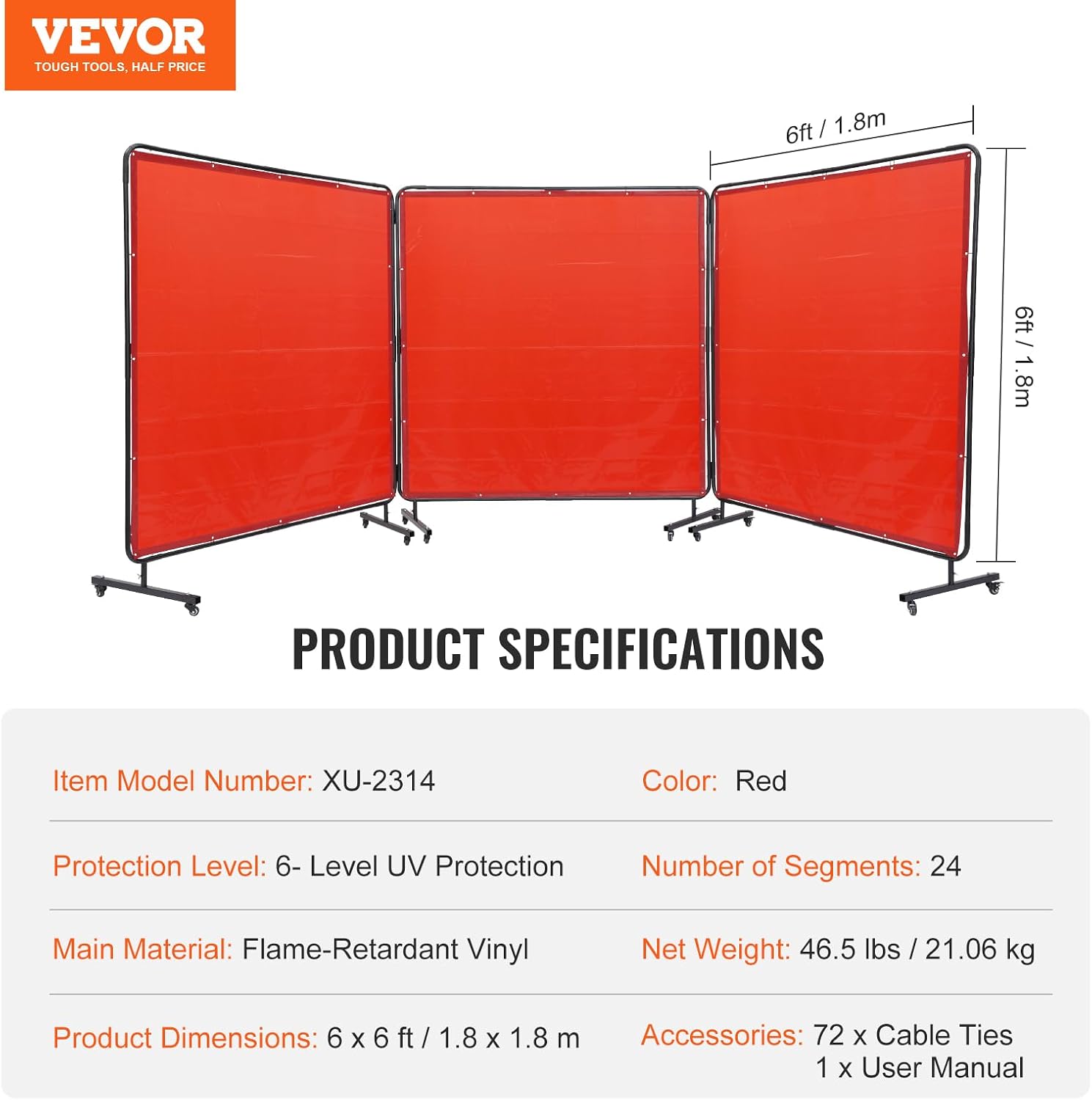 Thumbnail 6 de VEVOR Welding Screen with Frame – 3-Panel 6' x 6' Moveable Curtain on 12 Wheels