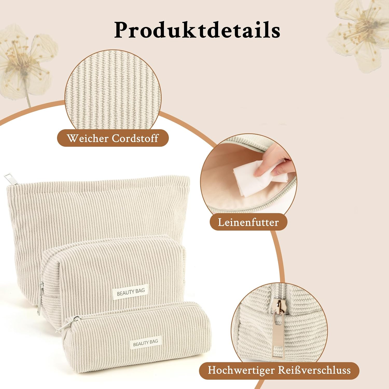 Thumbnail 2 de Kosmetiktasche Damen 3 Stück – Kulturtasche mit Reißverschluss in Beige, 3 Größen