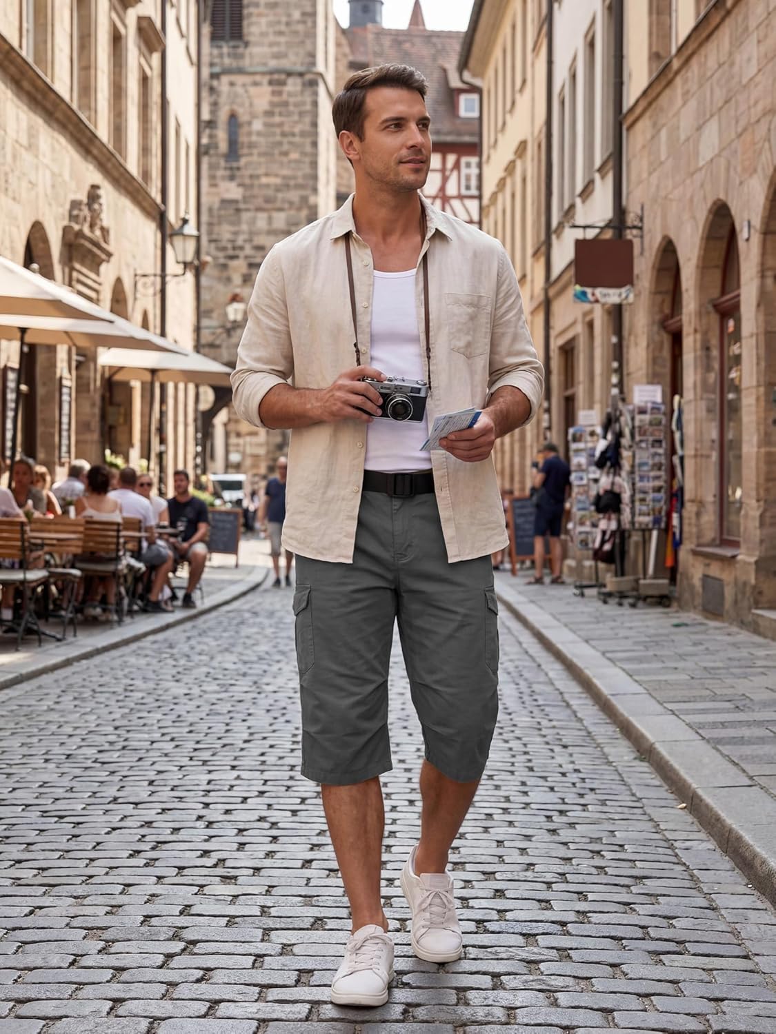 Thumbnail 4 de YYIDATON Herren Cargo 3/4 Shorts – Baumwolle, Oliv, Regular Fit