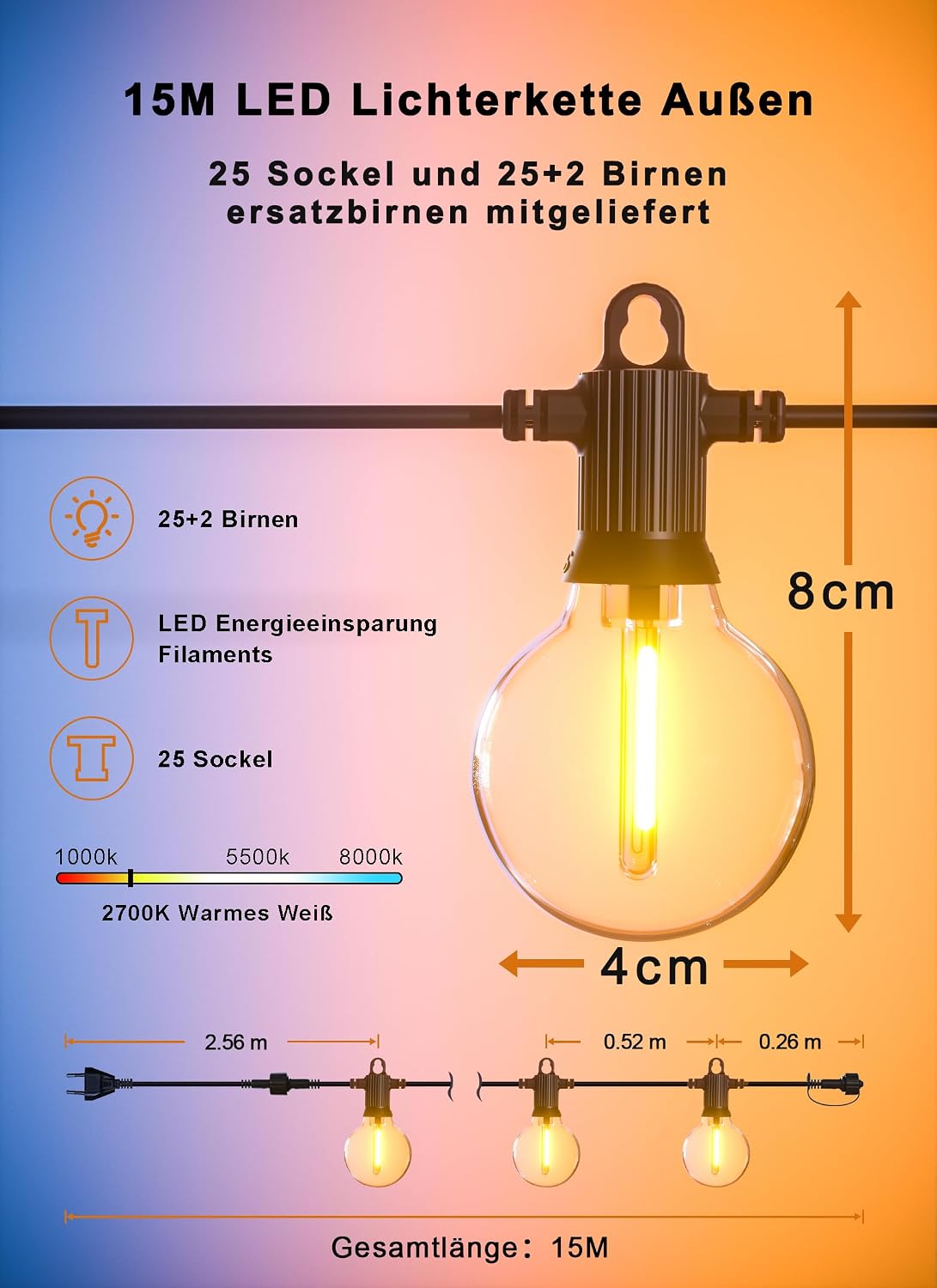 Detalle de Zuske LED-Lichterkette Außen, 15 m, 25+2 warmweiße G40 Glühbirnen, IP65 – robust, flexibel und ideal für Garten, Terrasse und Events